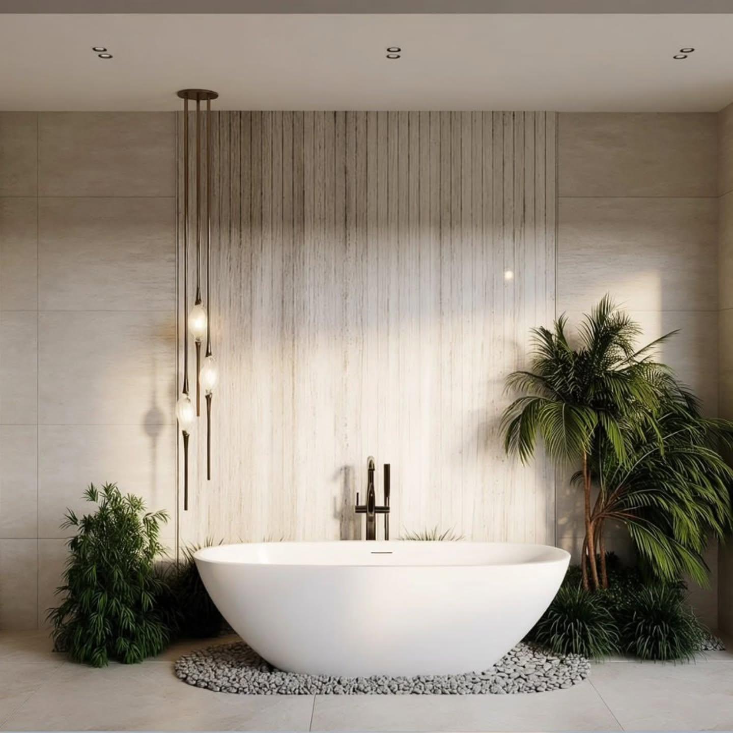 Bathroom with a freestanding tub on a pebble bed against a travertine wall
