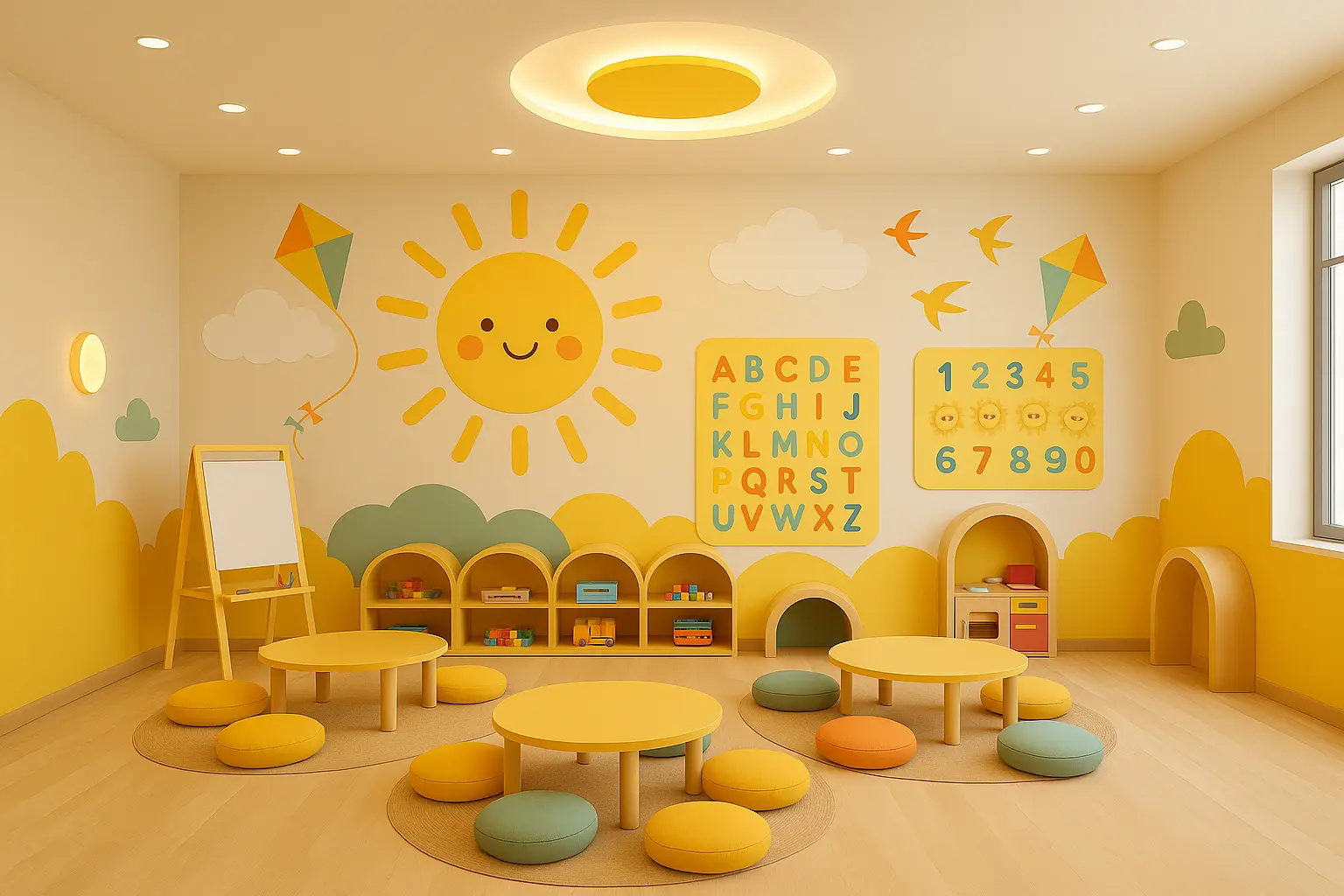 Activity classroom with sun mural, alphabet boards and low round tables