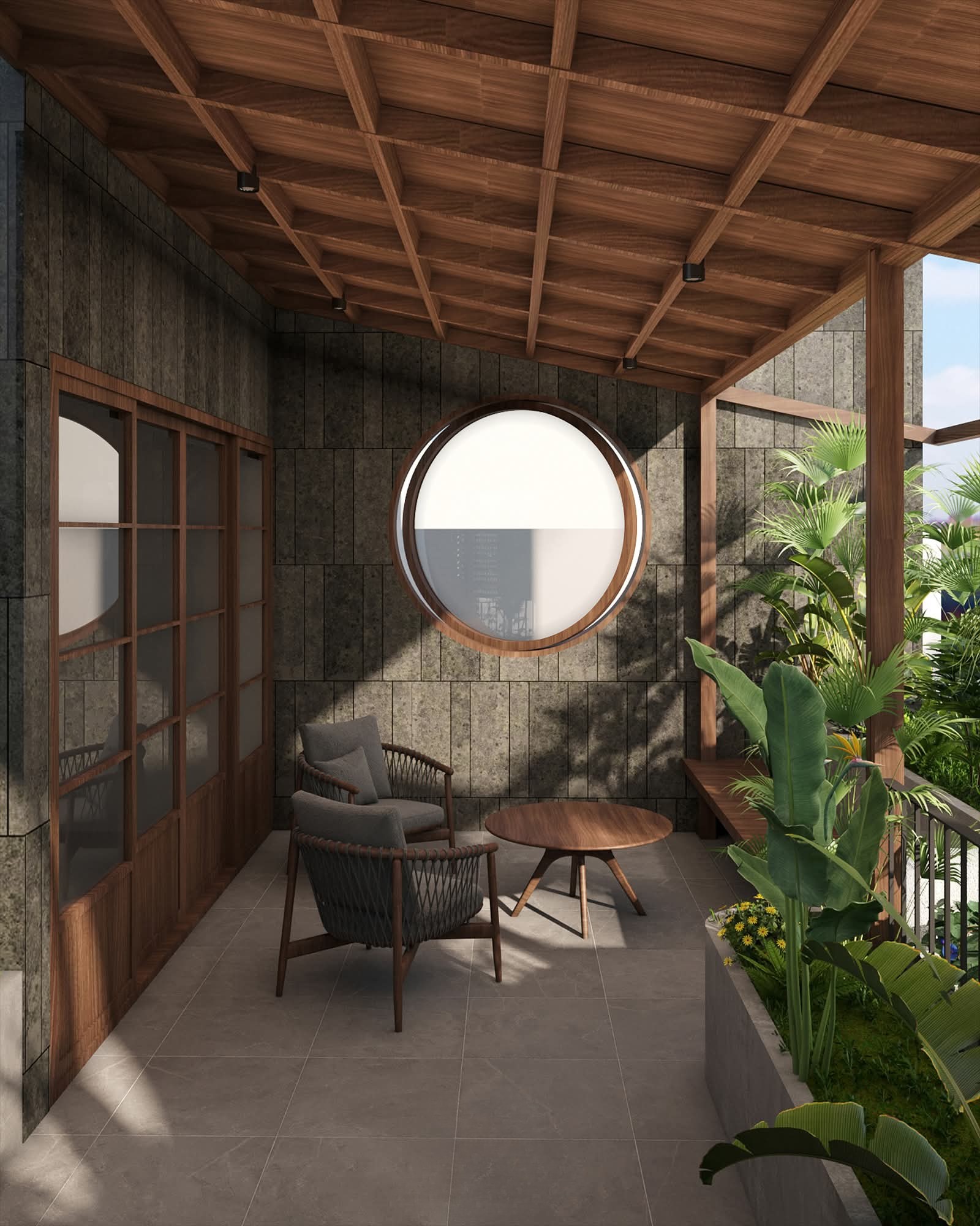 Balcony sit-out under a timber coffered pergola with planting