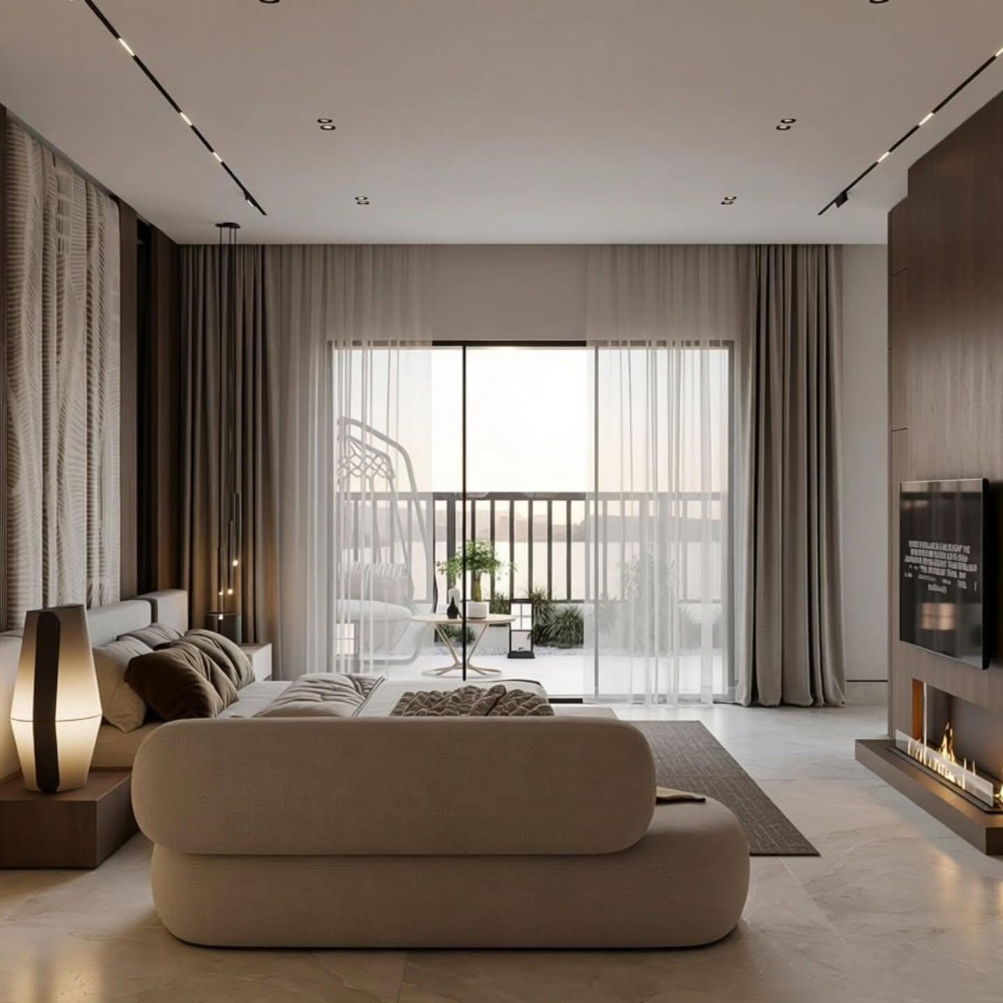 Suite lounge with a curved boucle sofa facing the fireplace and balcony