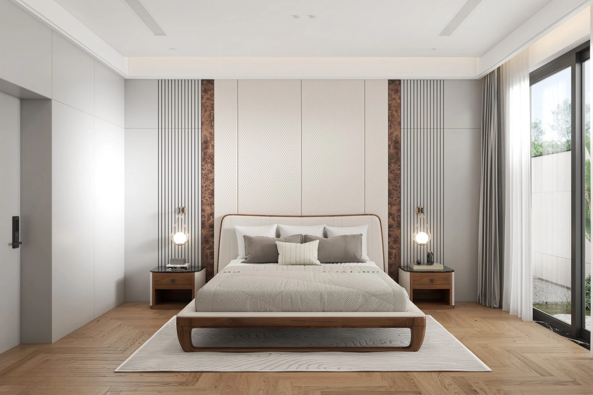 Bedroom symmetrical view of the quilted headboard, burl panels and nightstands