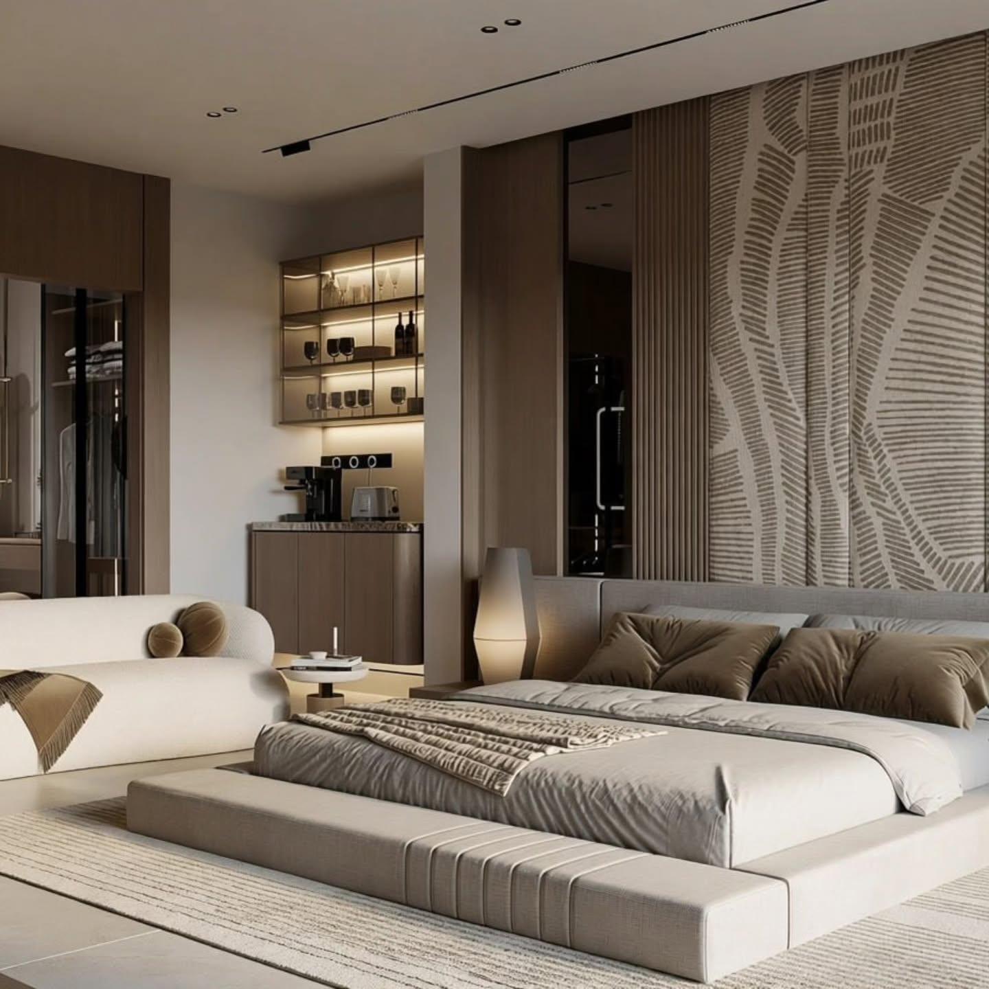 Bedroom suite with a lit glass display shelf and coffee counter in oak