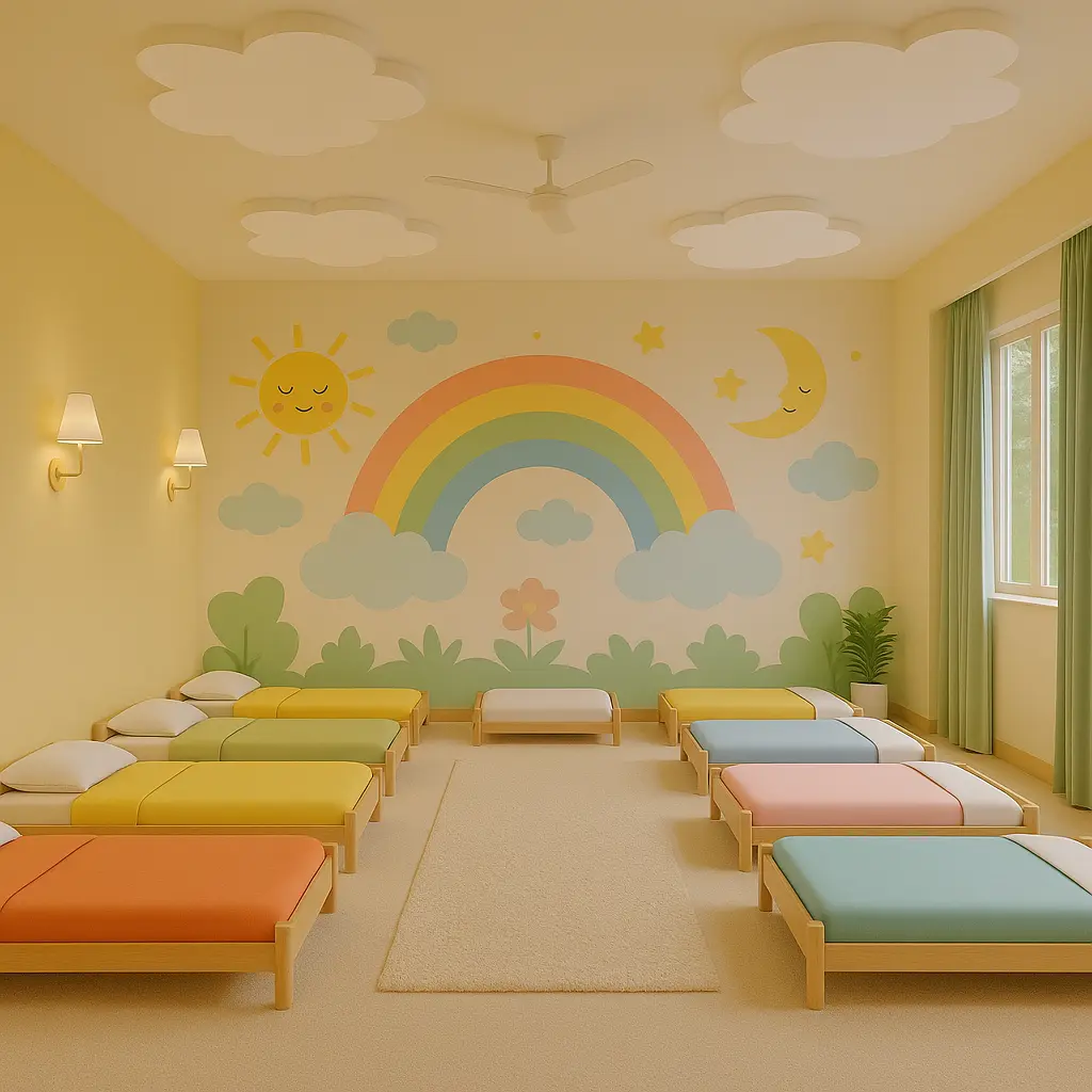 Nap room with low timber beds under a rainbow, sun and moon mural
