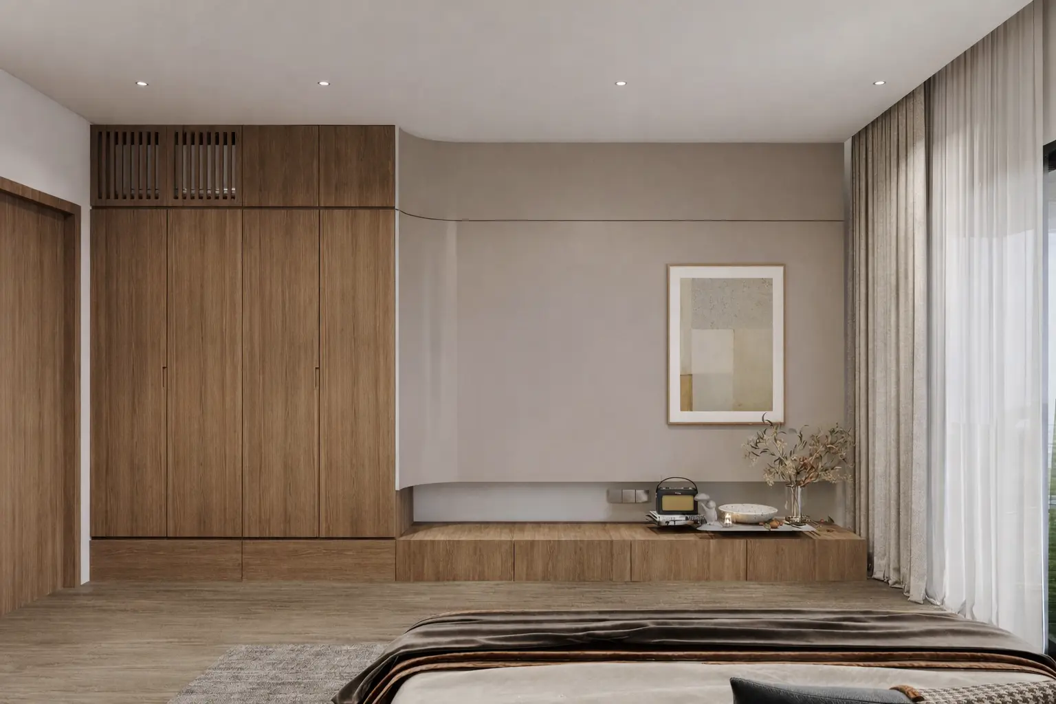 Bedroom wardrobe wall in oak with a curved plaster return