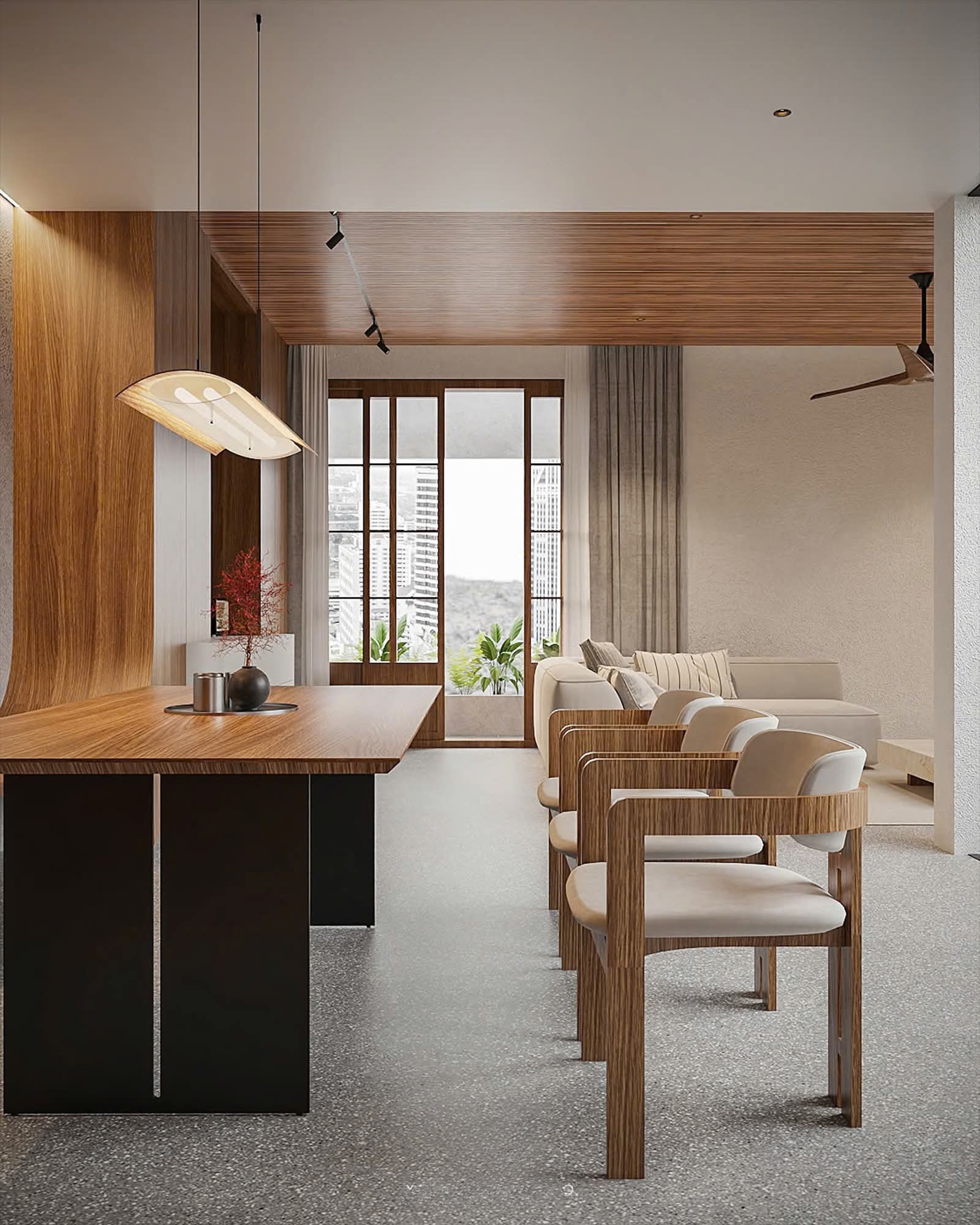 Dining and living spaces linked by a slatted timber ceiling