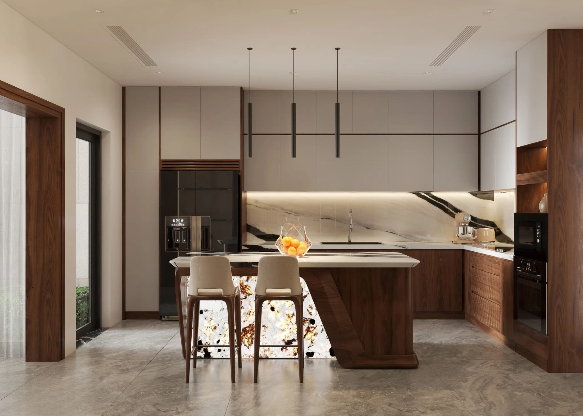 Kitchen angle showing the backlit stone island panel and trio of black pendants