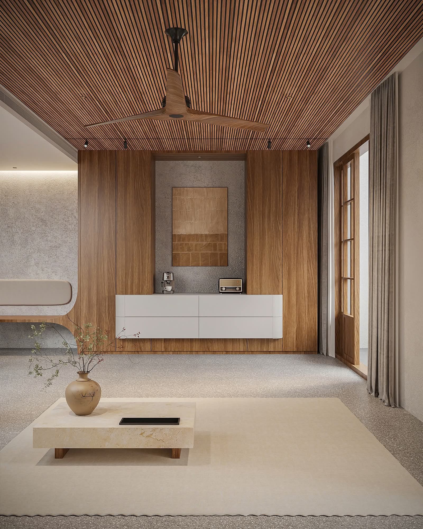 Living room joinery wall in oak with a floating white cabinet