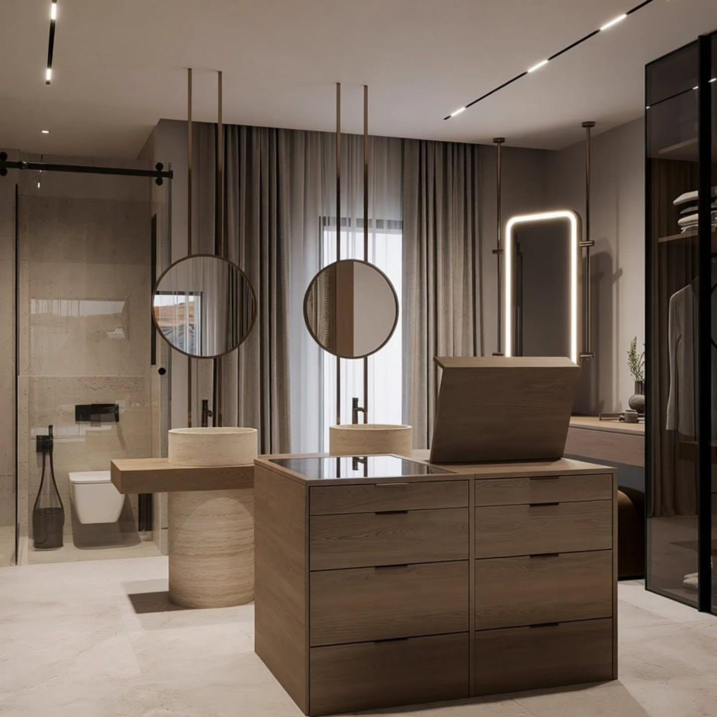 Dressing and bath area with island dresser, twin basins and a glass shower