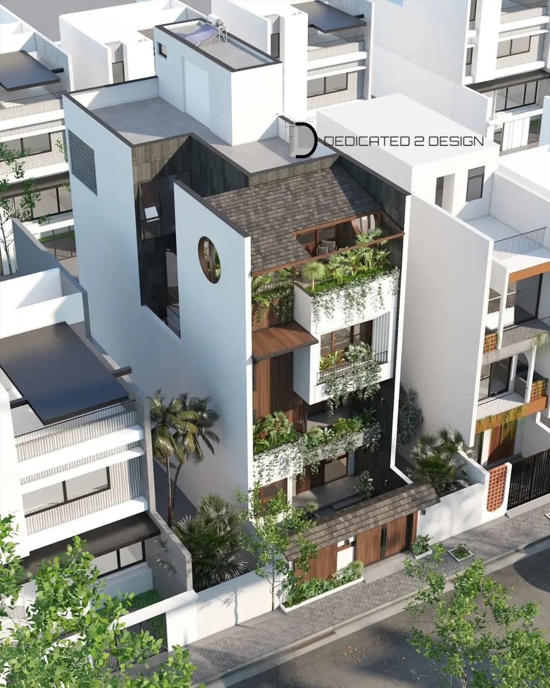 Aerial view of the house showing planted terraces and pergola