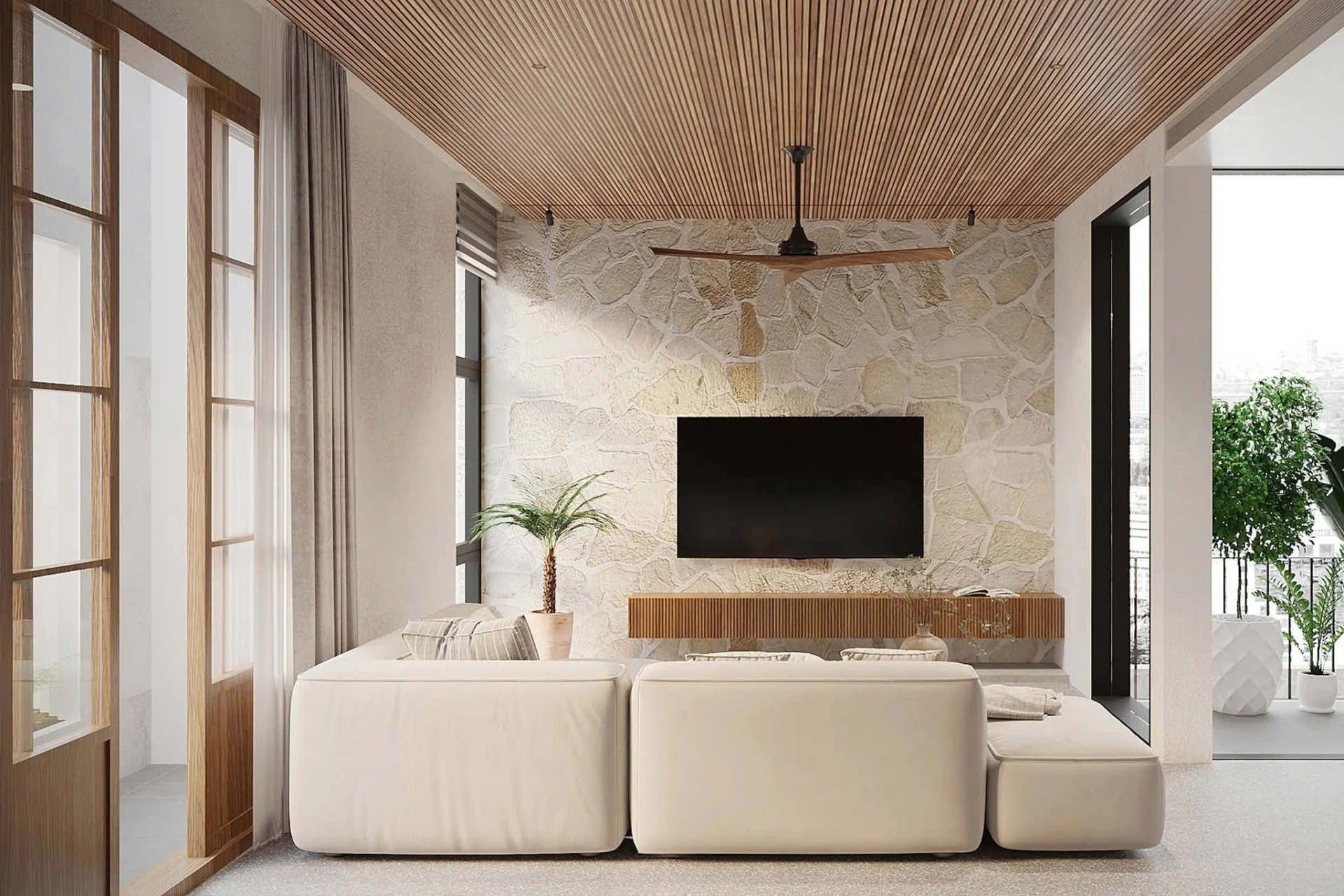 Living room with rough stone feature wall and slatted timber ceiling