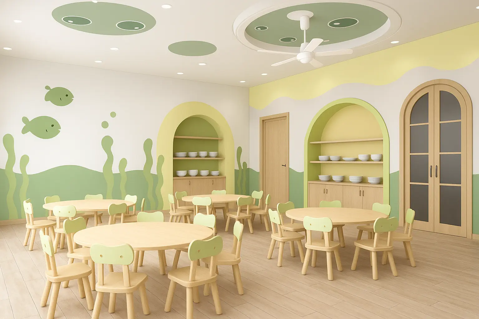 Dining hall with arched serving niches and wave-patterned walls
