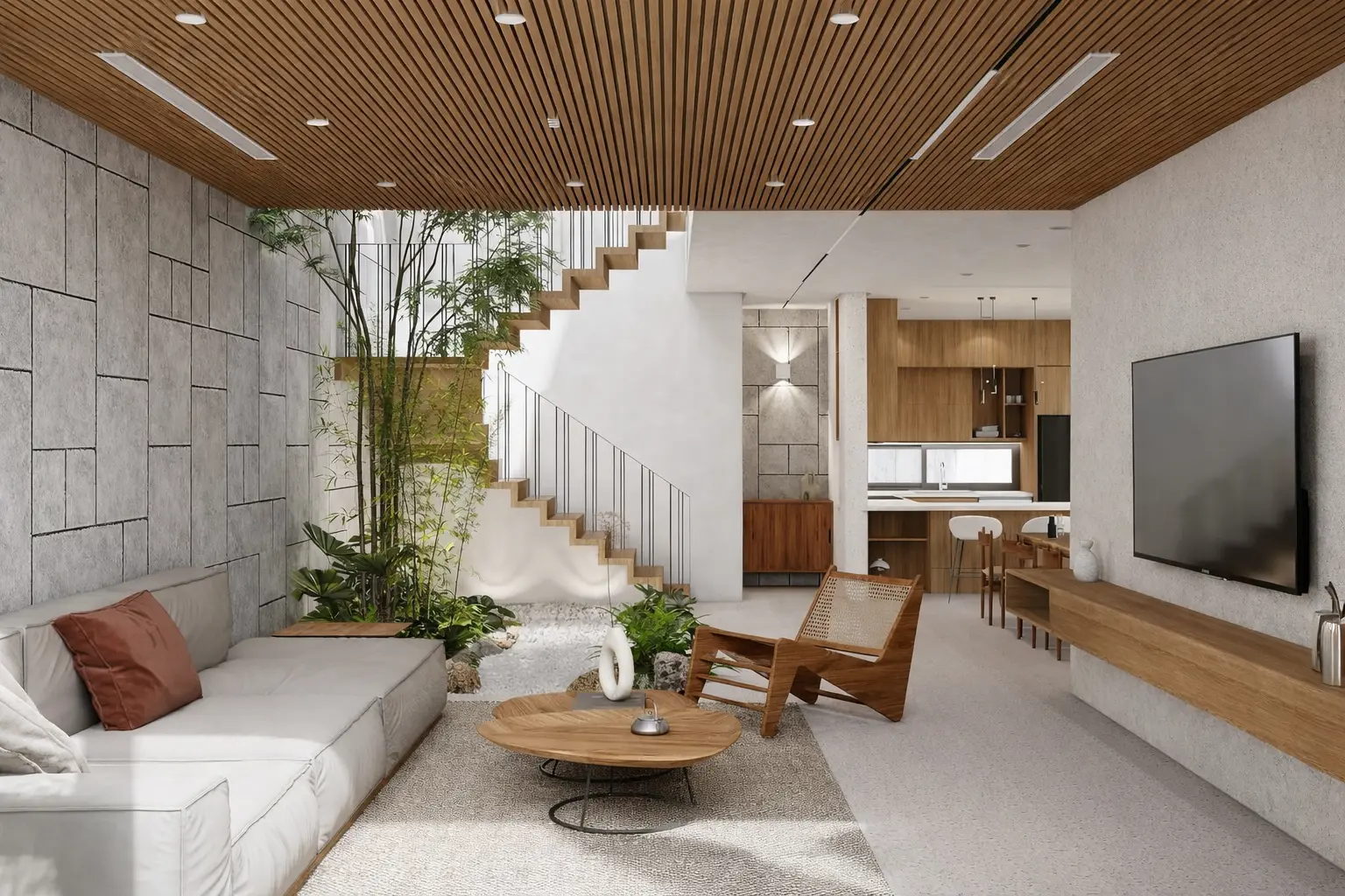 Living and dining volume under a slatted timber ceiling