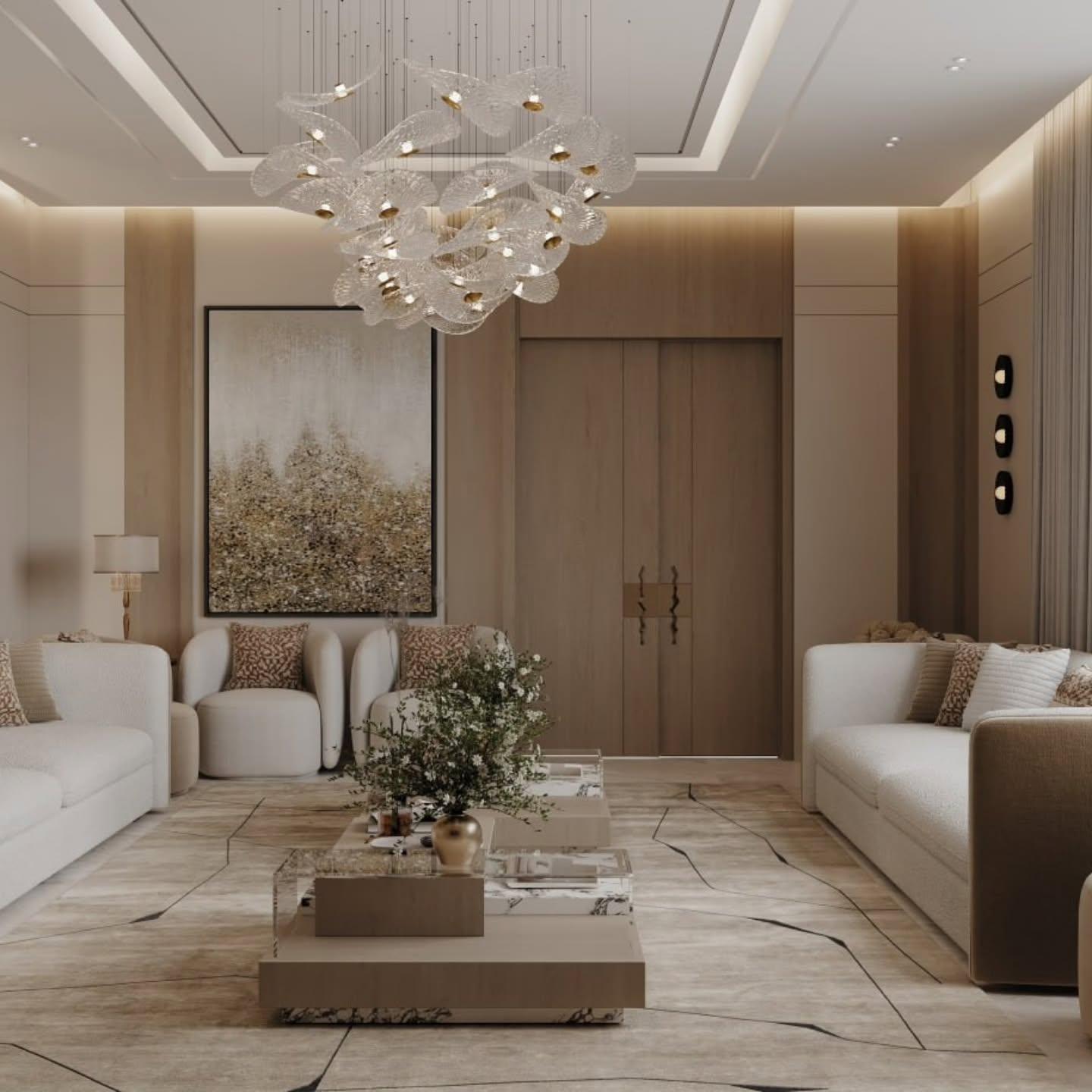 Living room with a gilded landscape artwork, oak doors and a cluster chandelier