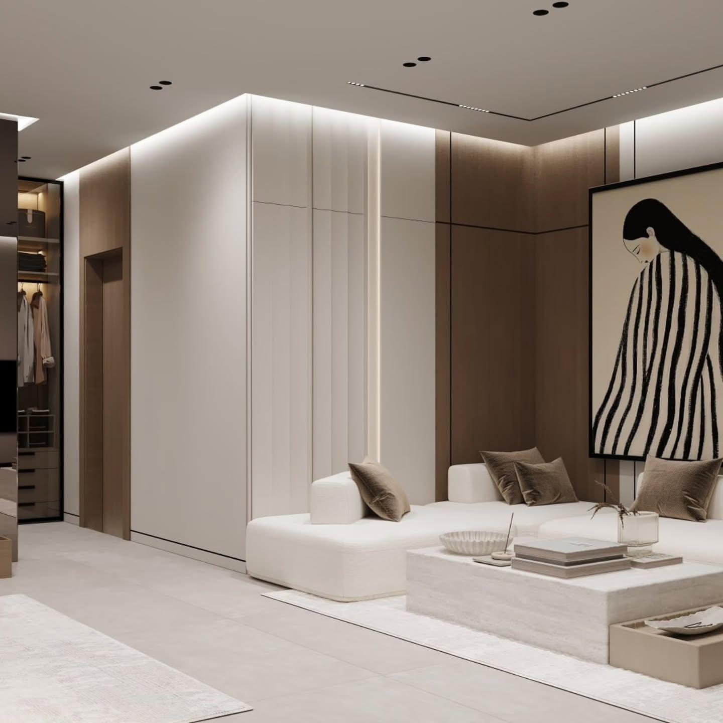 Lounge with a white modular sofa, marble table and a striped-figure artwork