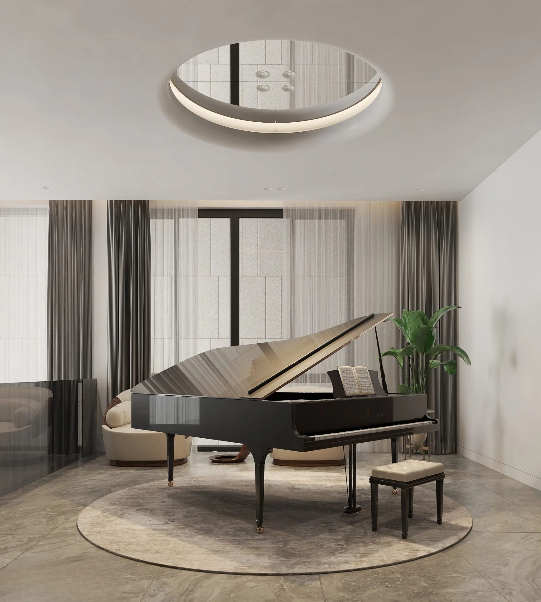 Music room with a Steinway grand piano, cream armchairs and a circular recessed skylight