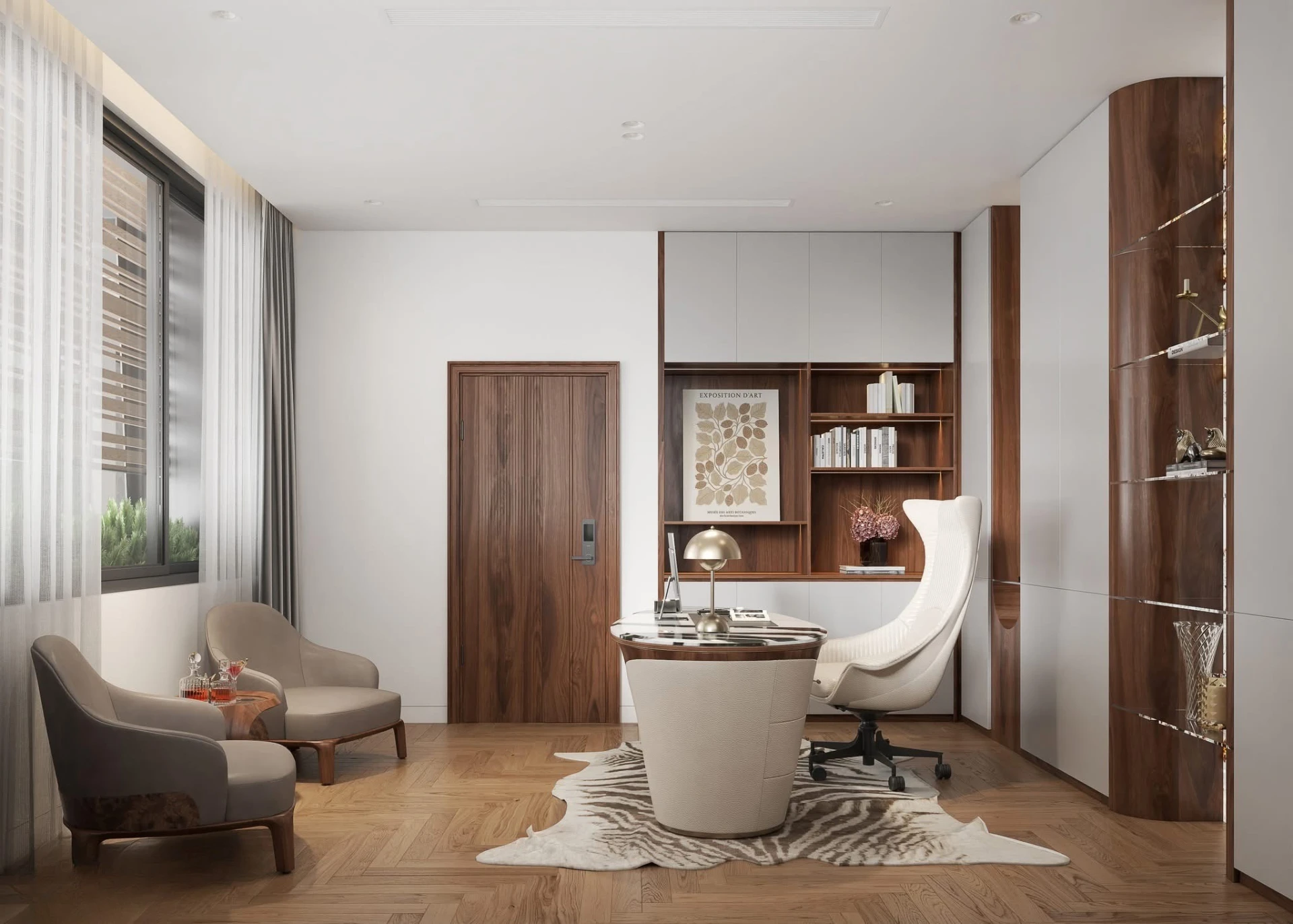 Home office with curved zebra-top desk, white leather chair and lounge seating by the window