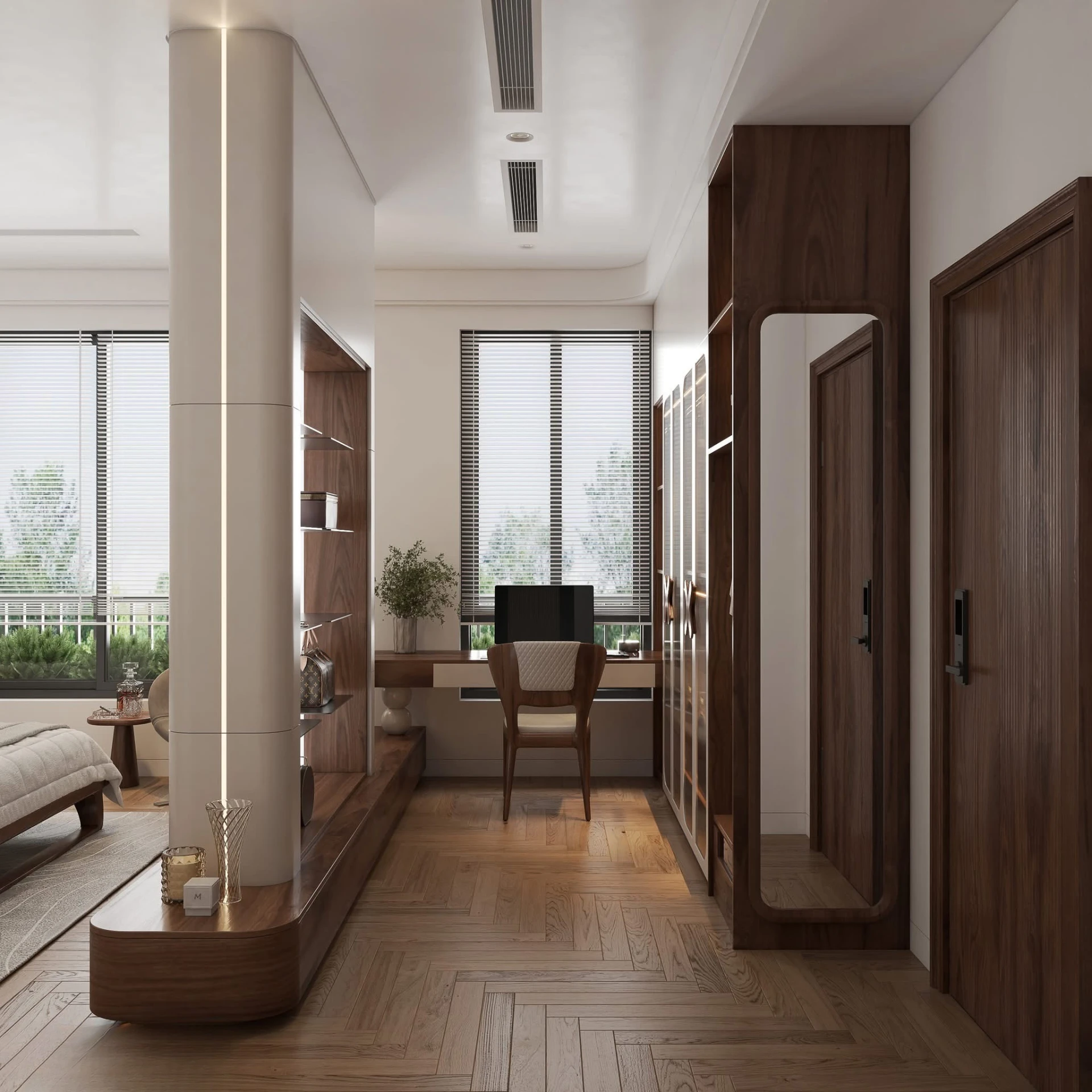 Bedroom suite transition into a workspace with central lit pillar and wood cabinetry