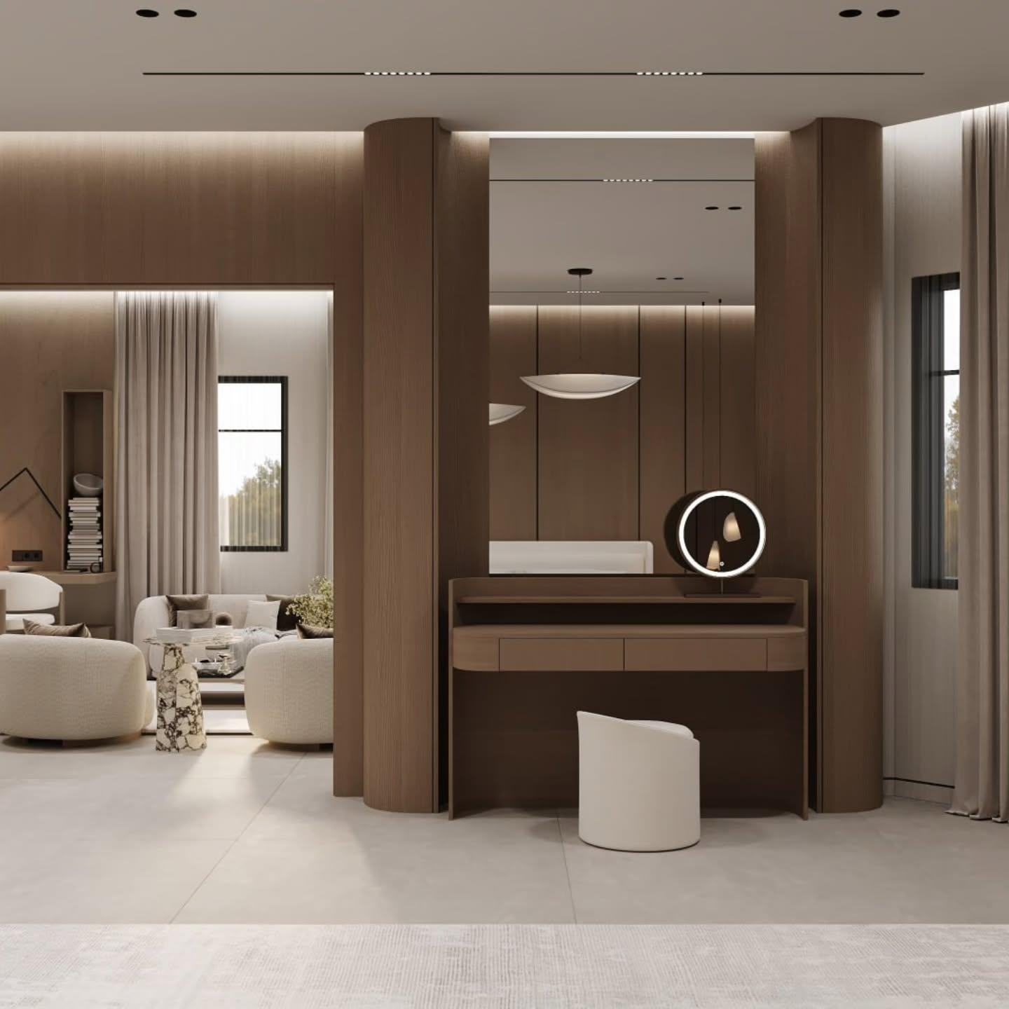 Built-in vanity desk framed by timber columns opening to the living room