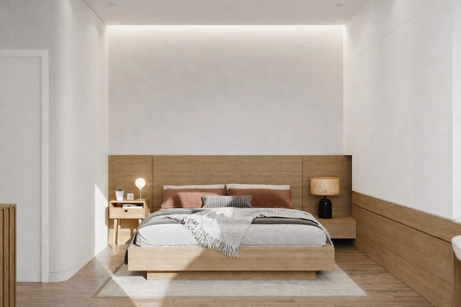 Primary bedroom with a full-width timber headboard