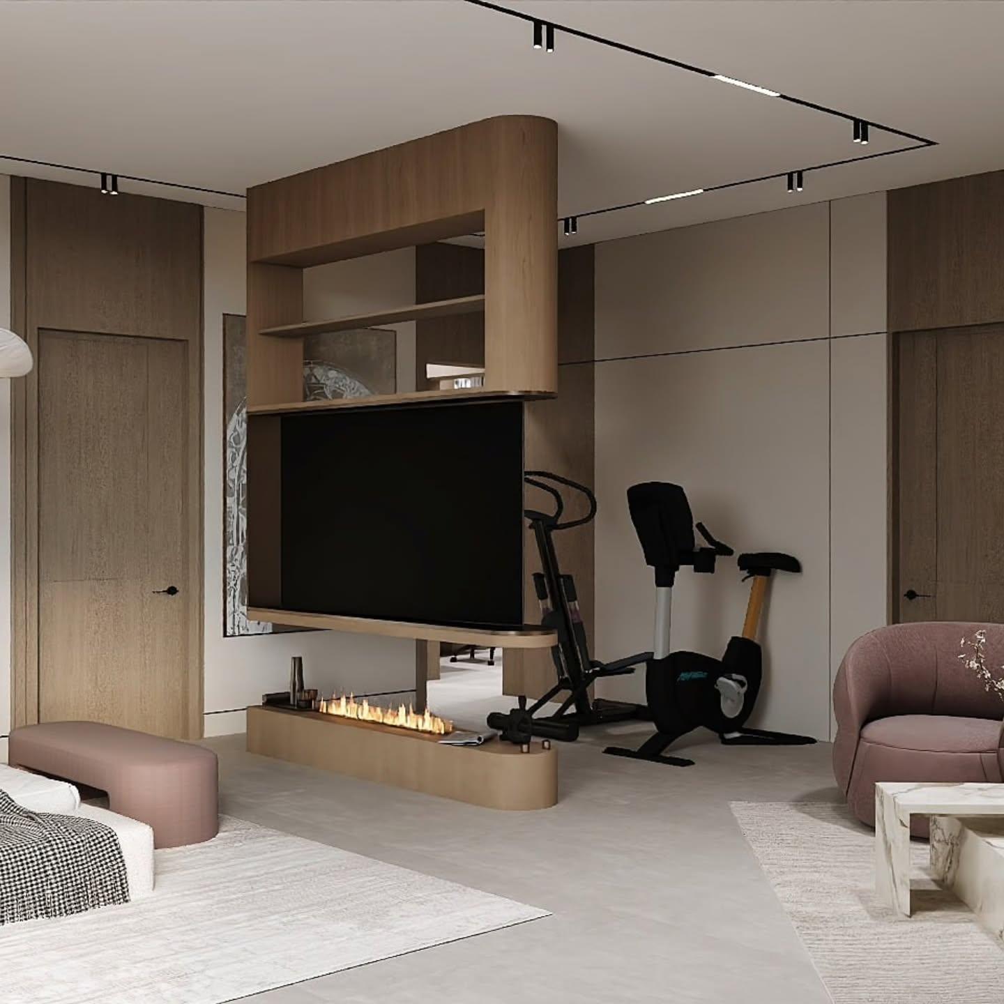 Living divider with a television, linear fireplace and a home gym beyond