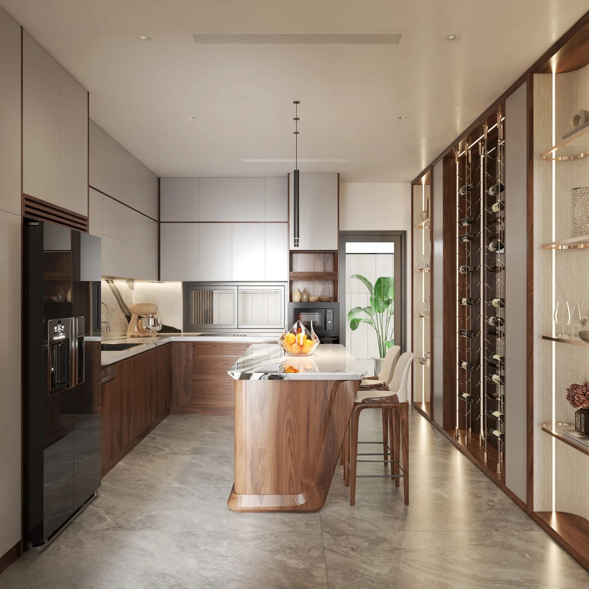 Kitchen with marble island, wine wall and black-veined splashback