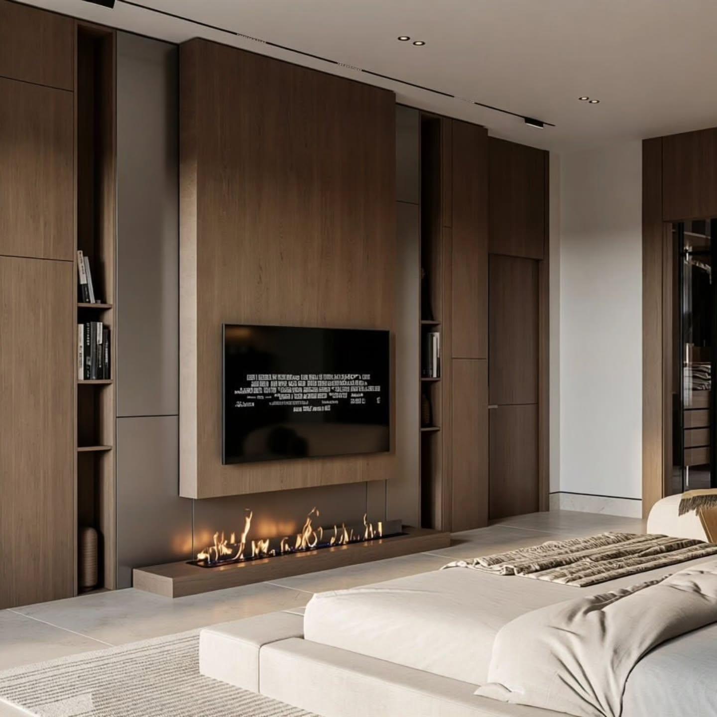Bedroom media wall in oak joinery with a linear fireplace below the screen