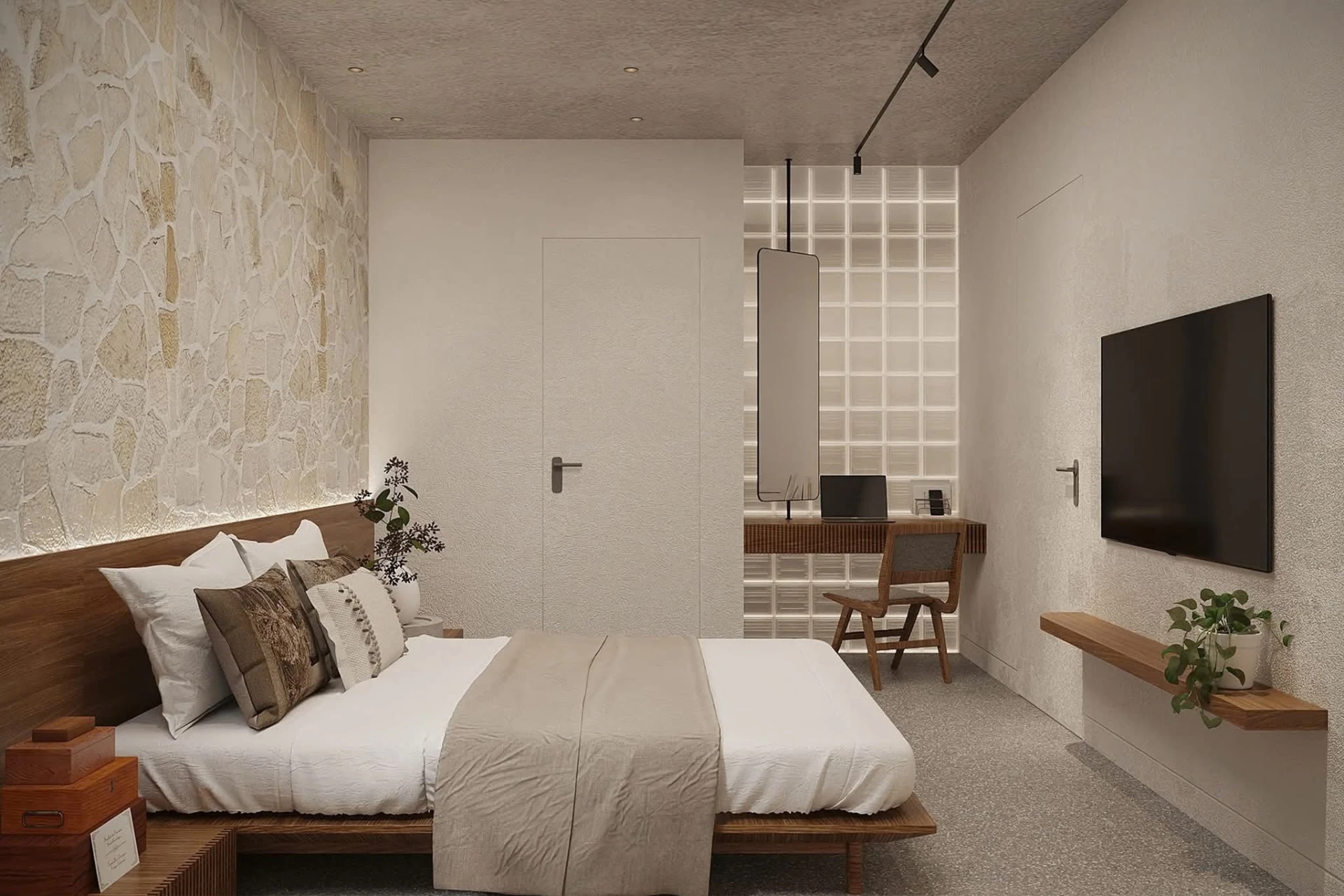 Guest room with glass-block screen and built-in study