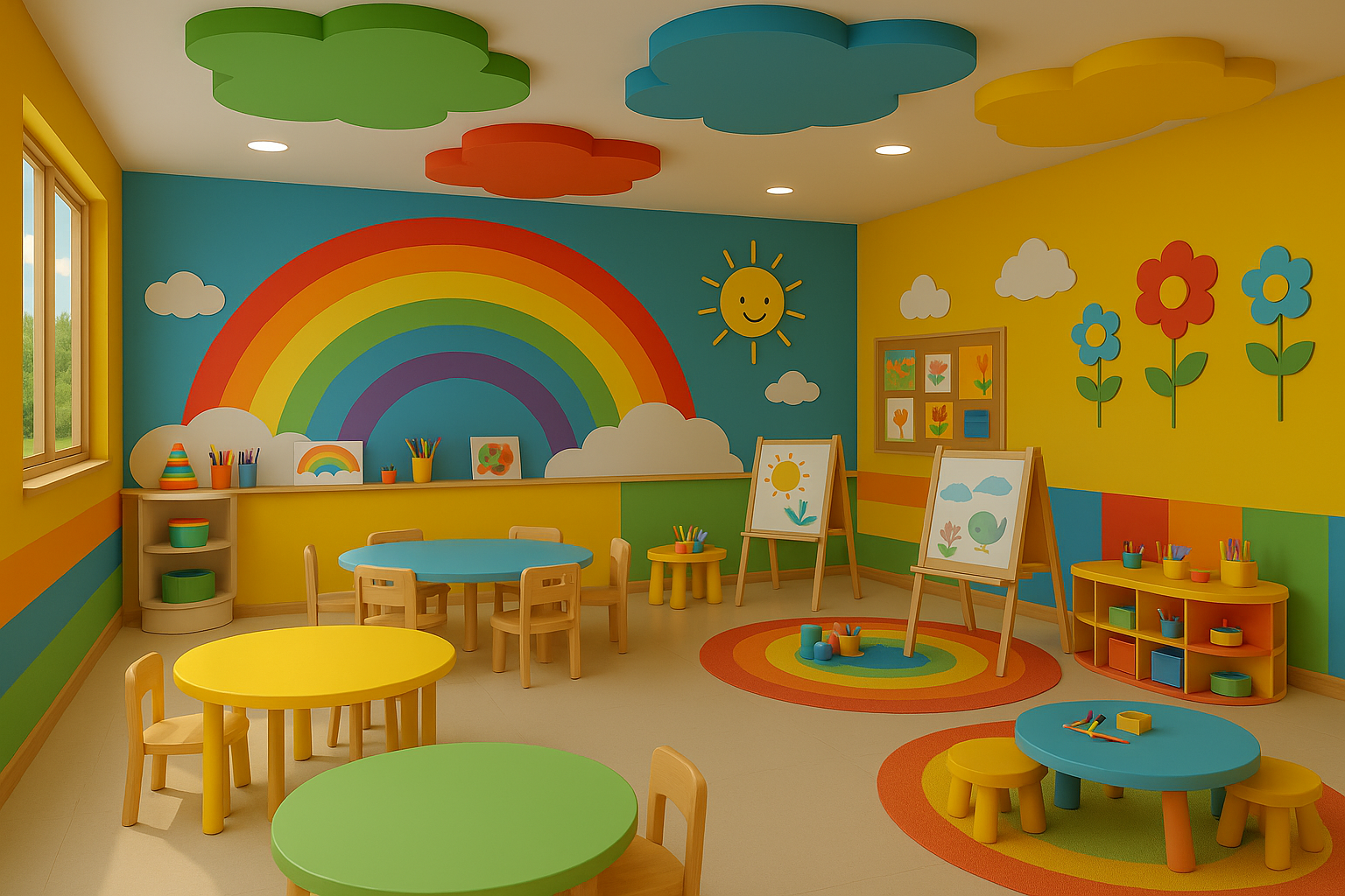 Art classroom with a rainbow mural, easels and cloud-shaped ceiling panels