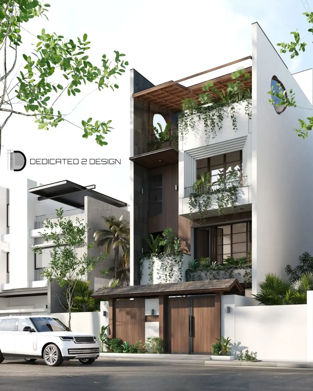 Chaya Govind street elevation in white render, stone and teak