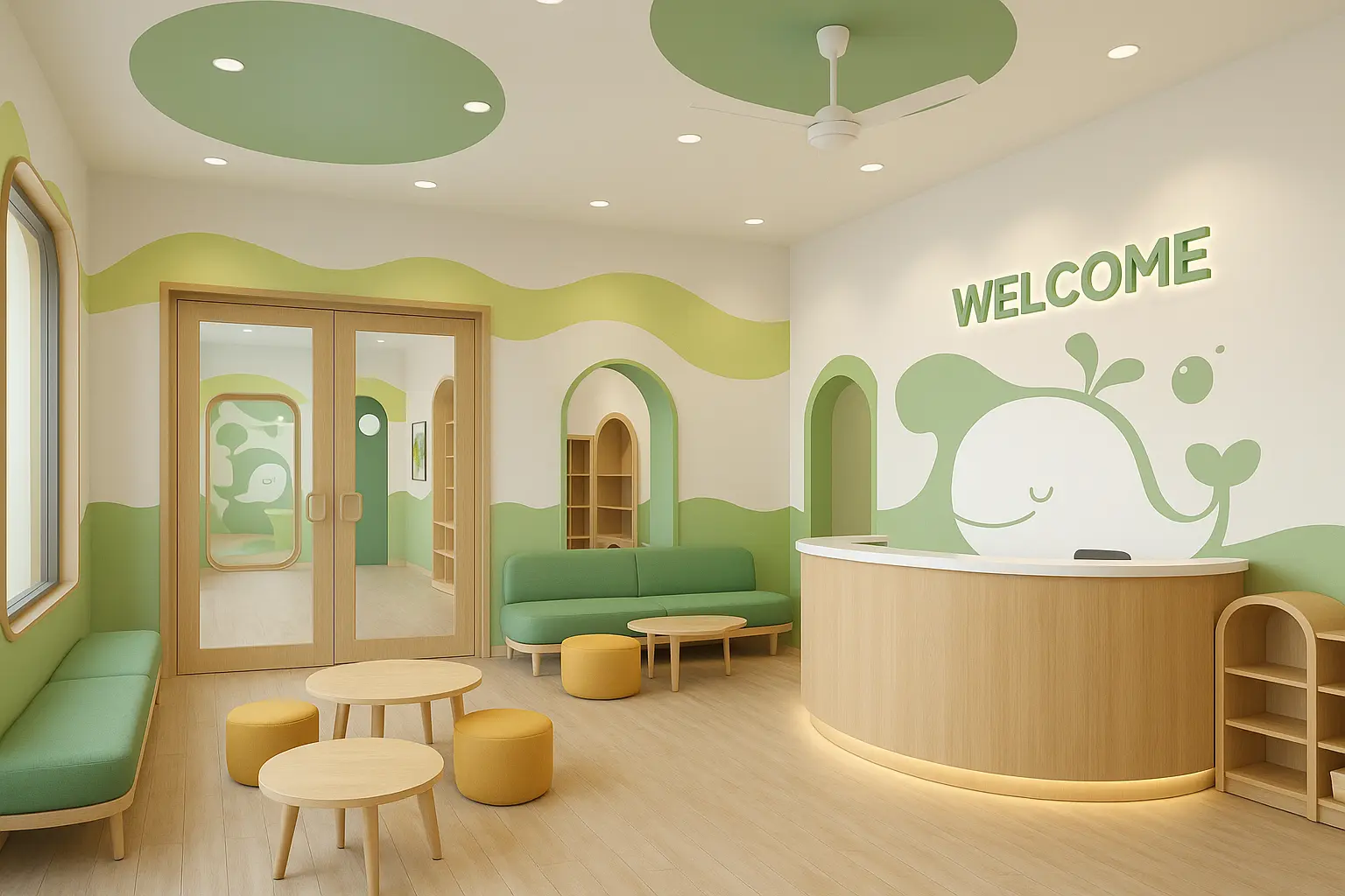 Welcome lobby with whale mural, arched shelving and a curved oak reception desk