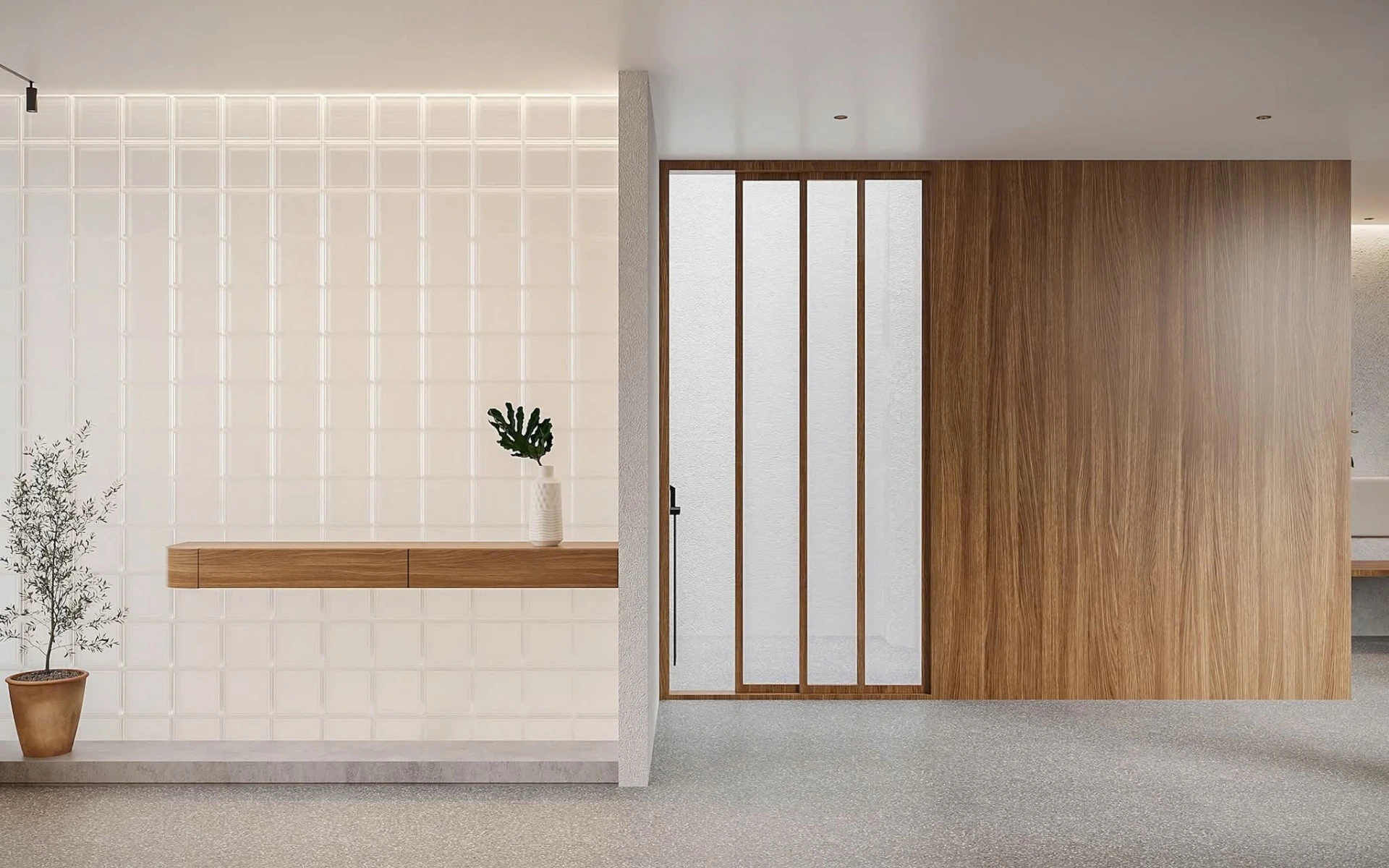 Foyer looking towards the timber-panelled partition