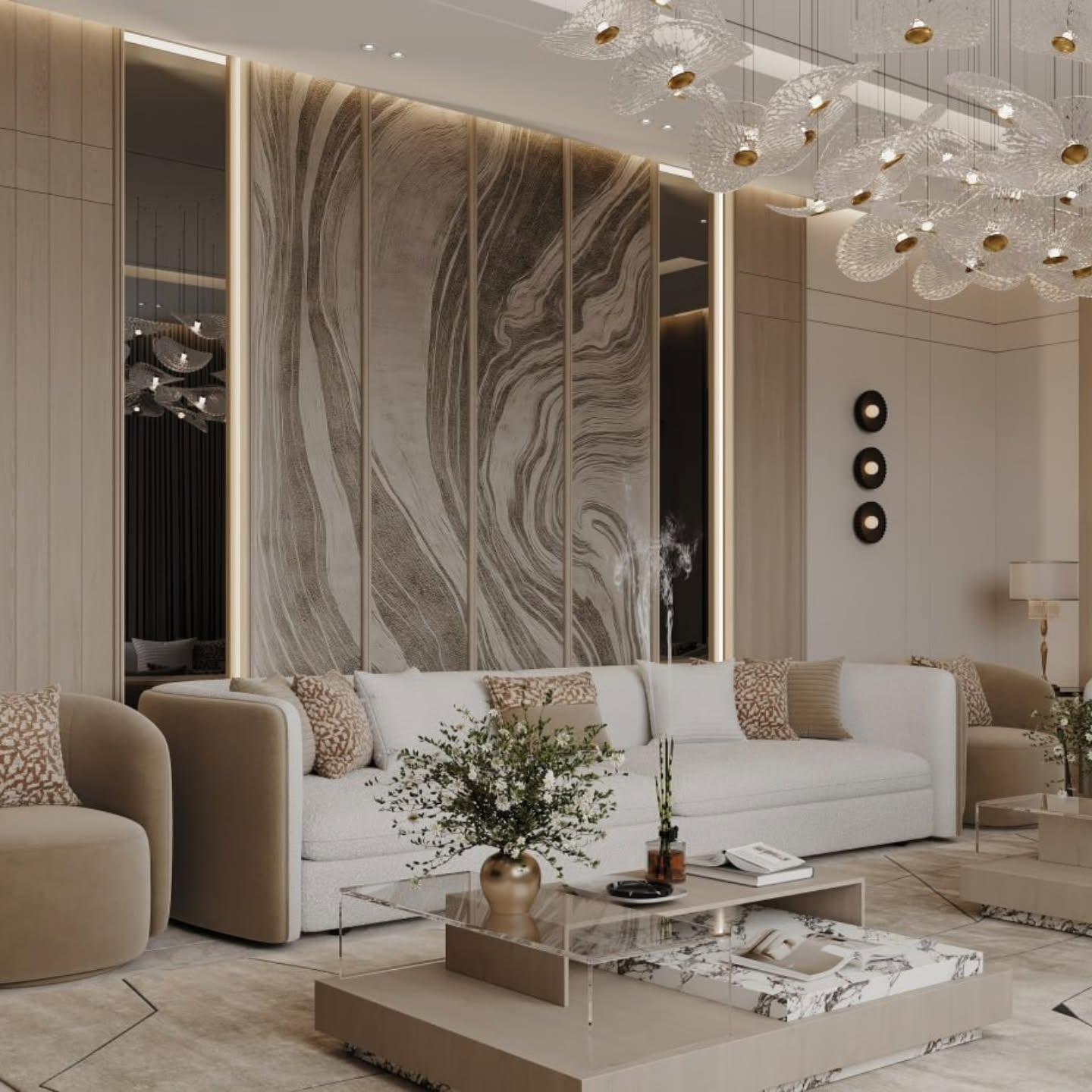 Seating group beside a carved relief panel wall with a mirrored reveal