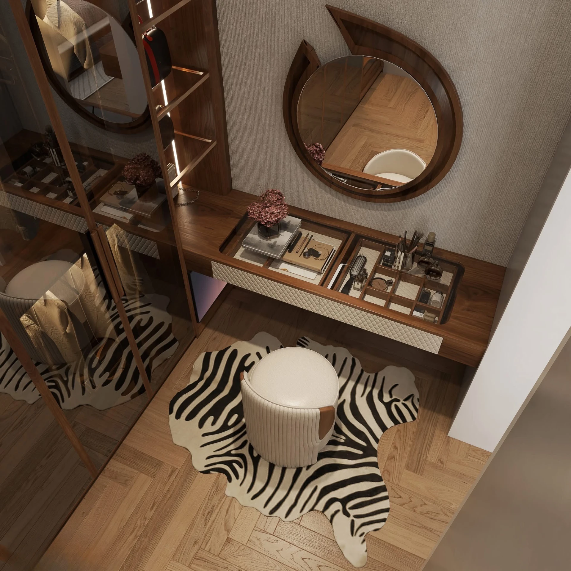Dressing room with glass wardrobes, round mirror and a zebra rug