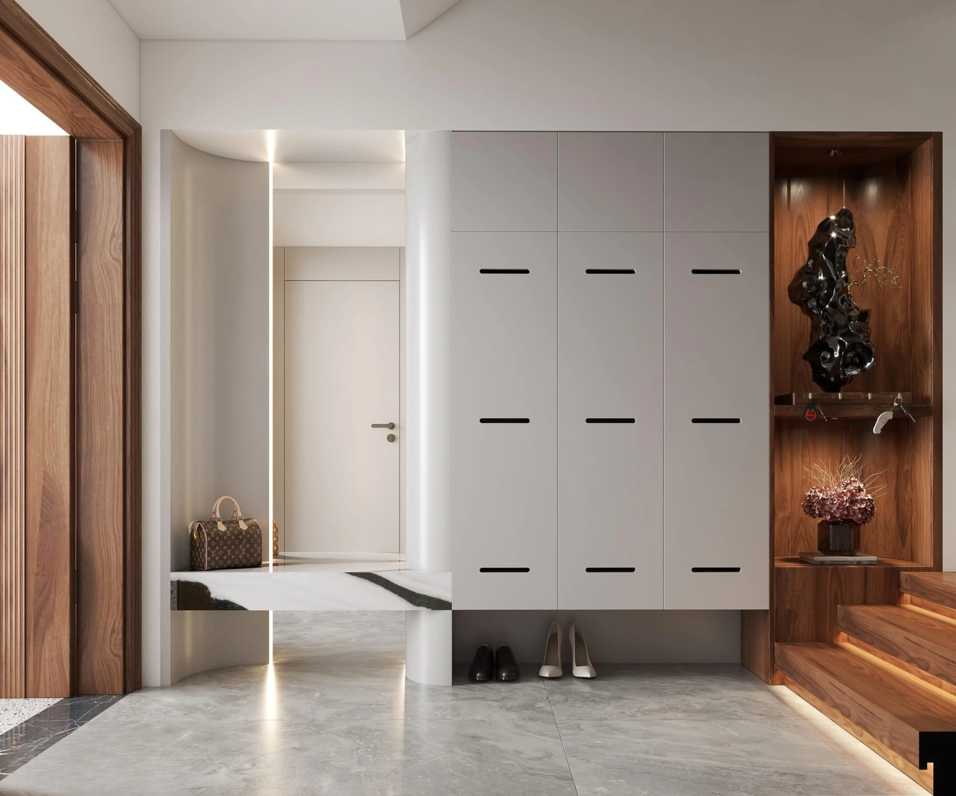Foyer with grey locker wall, marble shelf and a wood-lined display recess