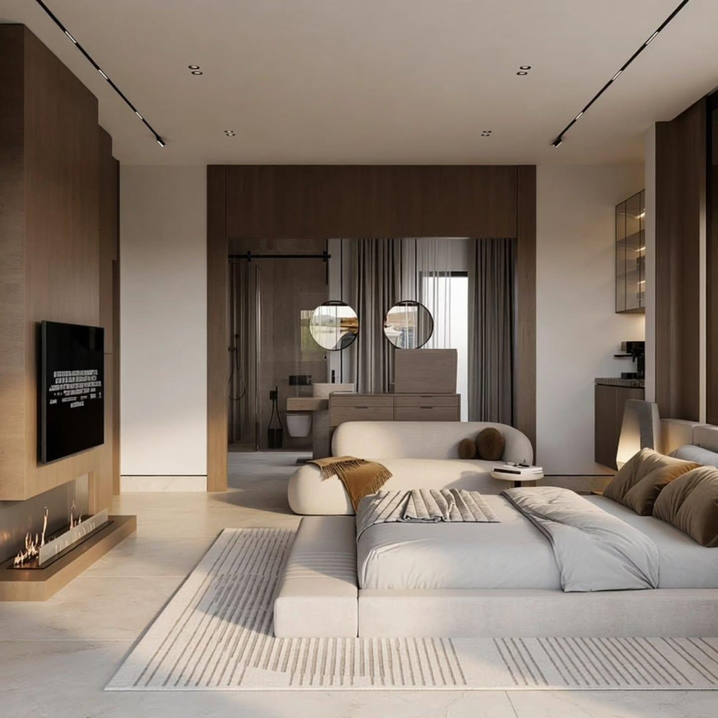 Suite bedroom with platform bed, curved sofa and oak media wall with fireplace