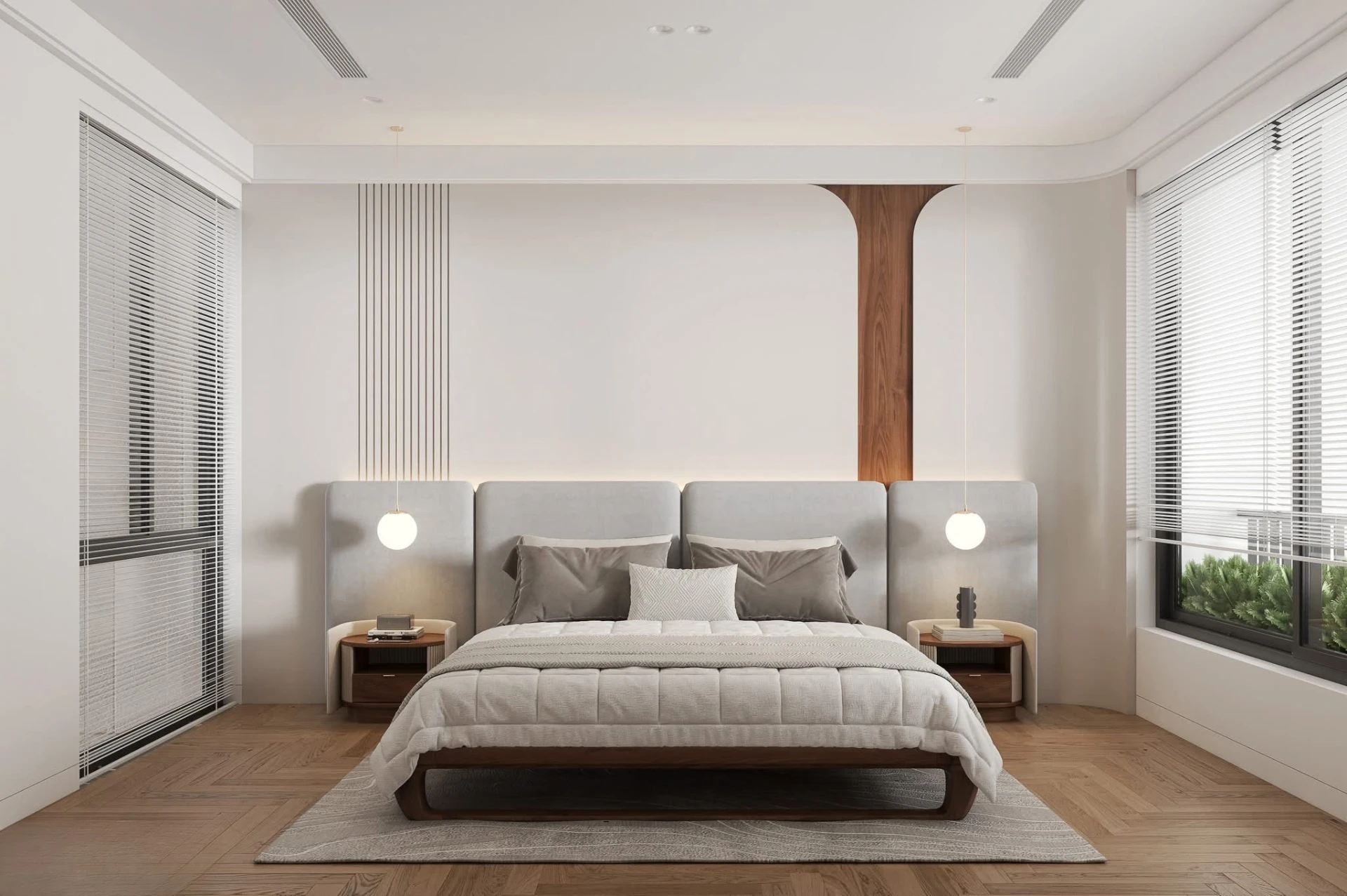 Bedroom with upholstered headboard, globe pendants and vertical wood ceiling panel