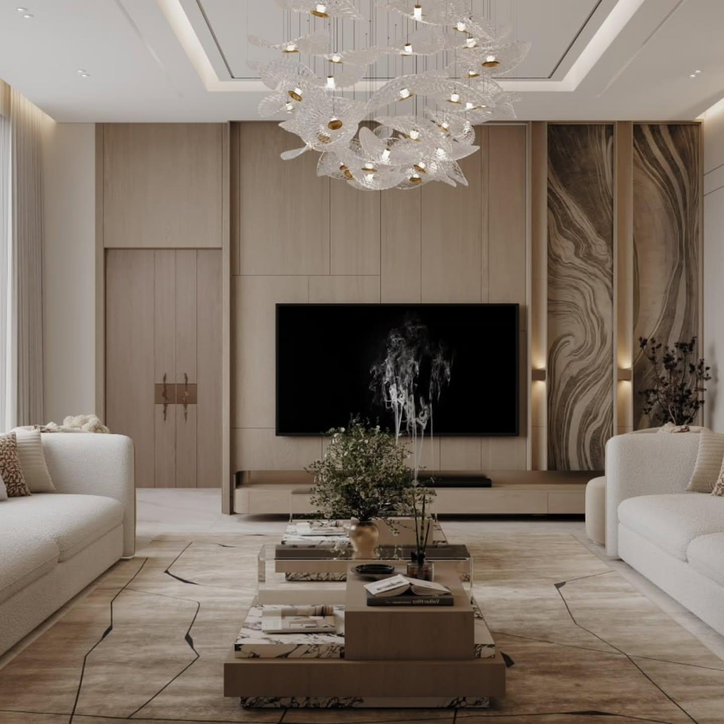 Family living room with an oak media wall, stone panels and layered coffee tables