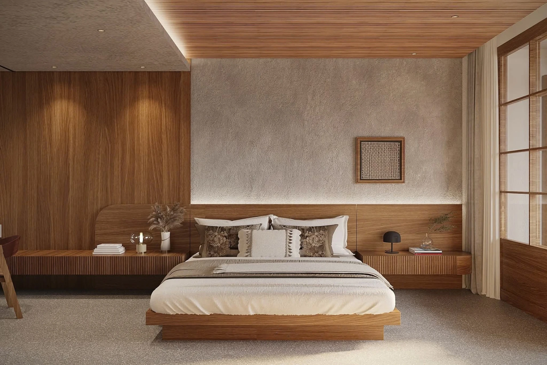 Primary bedroom with full-width timber headboard and cove lighting