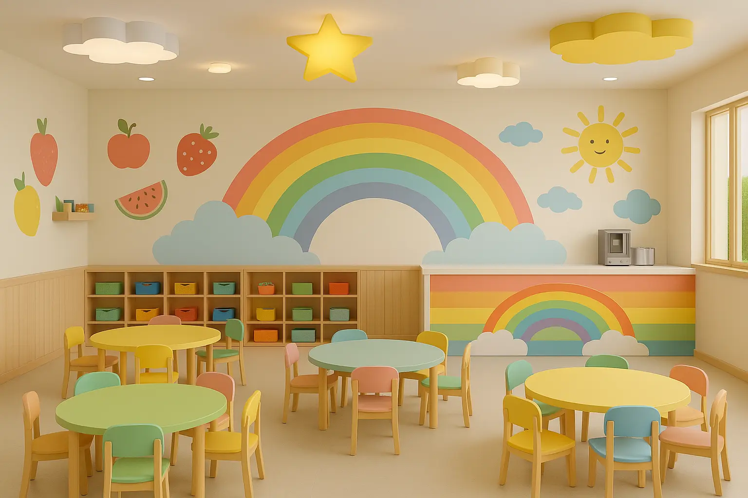 Dining classroom with a rainbow mural and cubby storage in colour blocks
