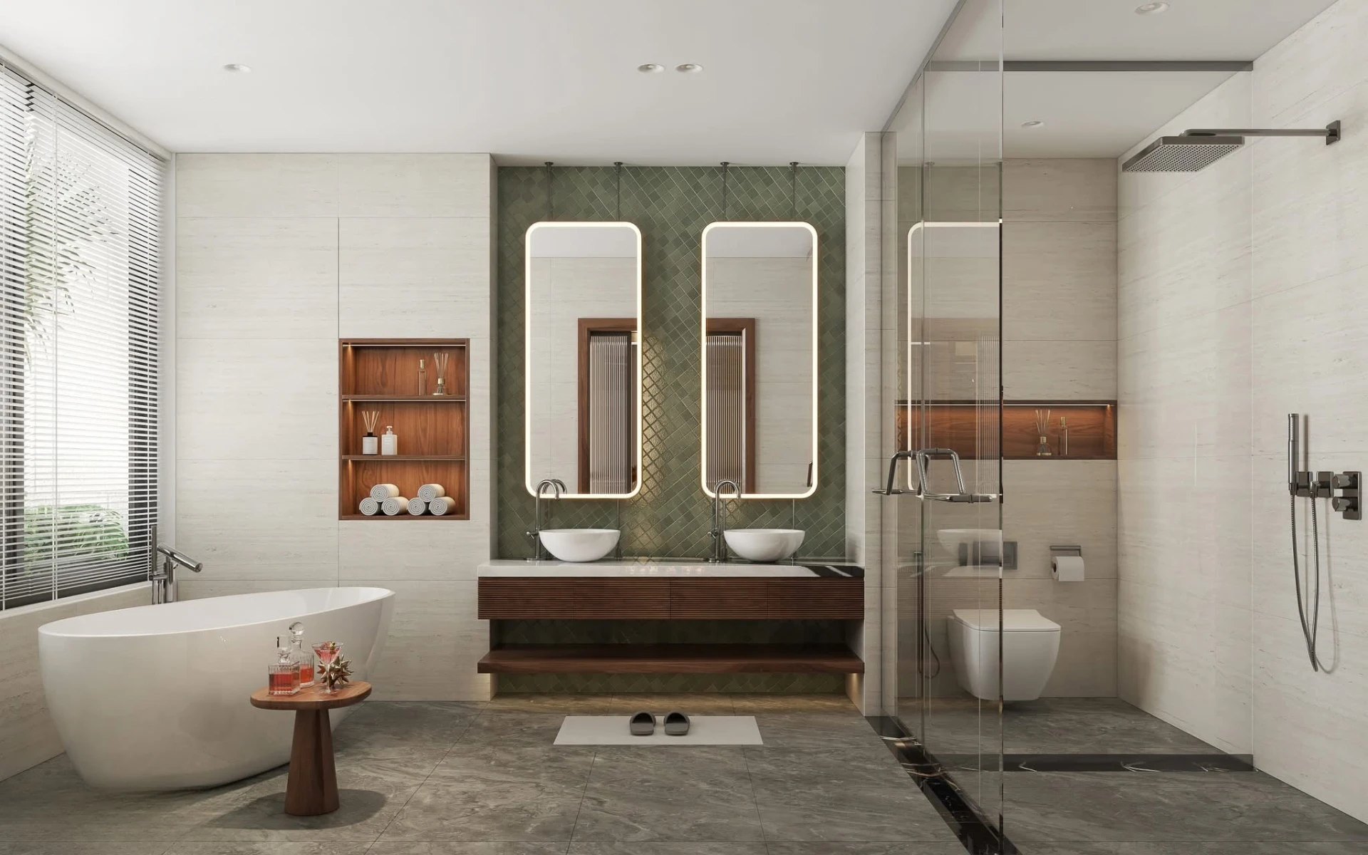 Bathroom with freestanding tub, double vanity, green diamond tile accent and glass shower