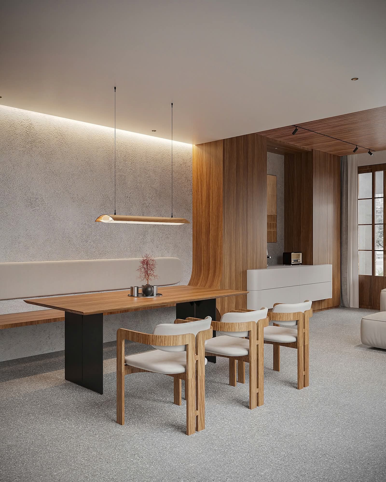 Dining volume with fluted timber wall and floating bench