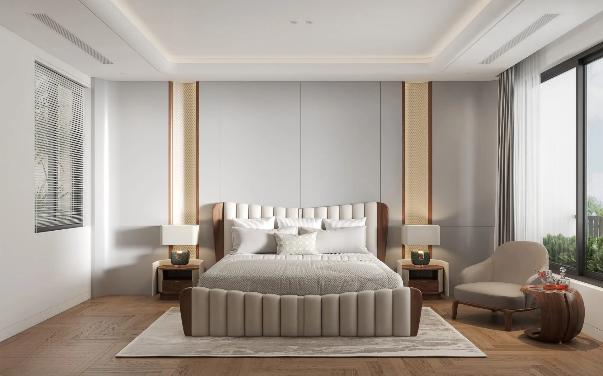 Master bedroom headboard view with channelled upholstery, gold lattice panels and lounge chair