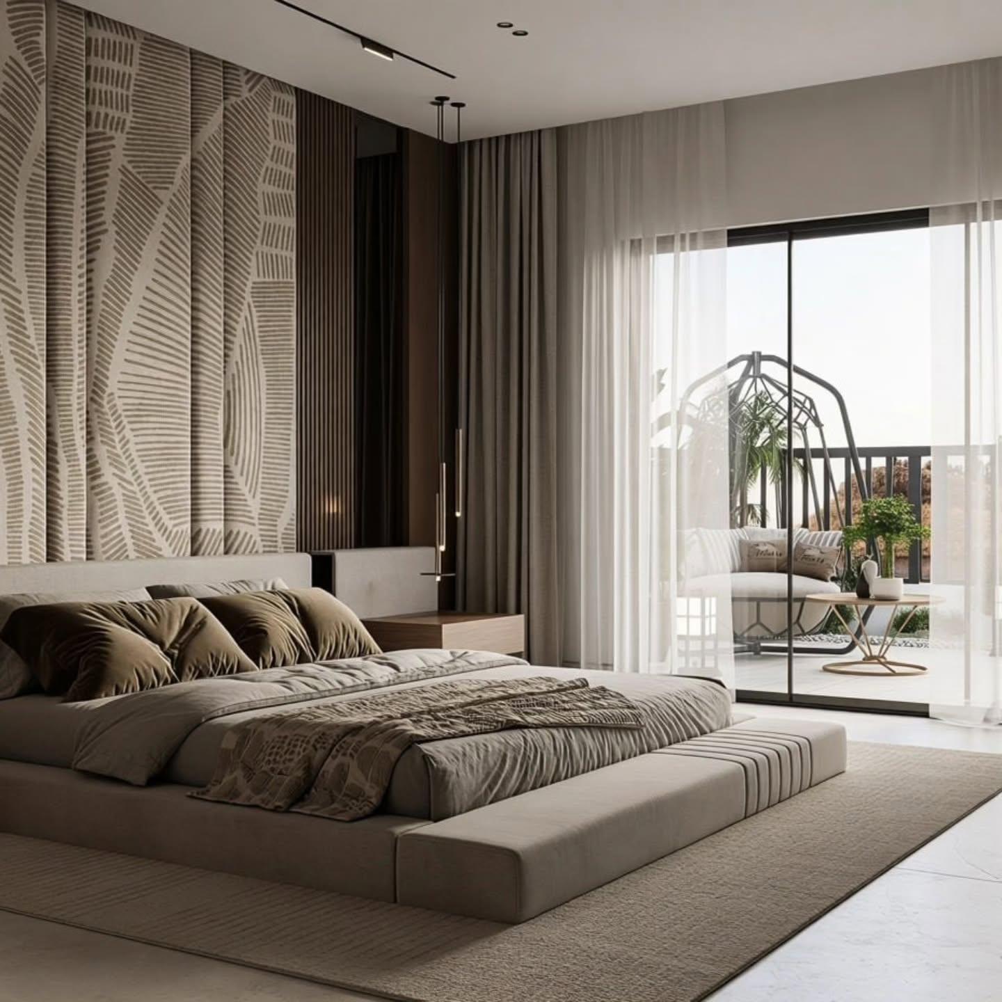 Bedroom opening to a balcony through full-height sheer curtains