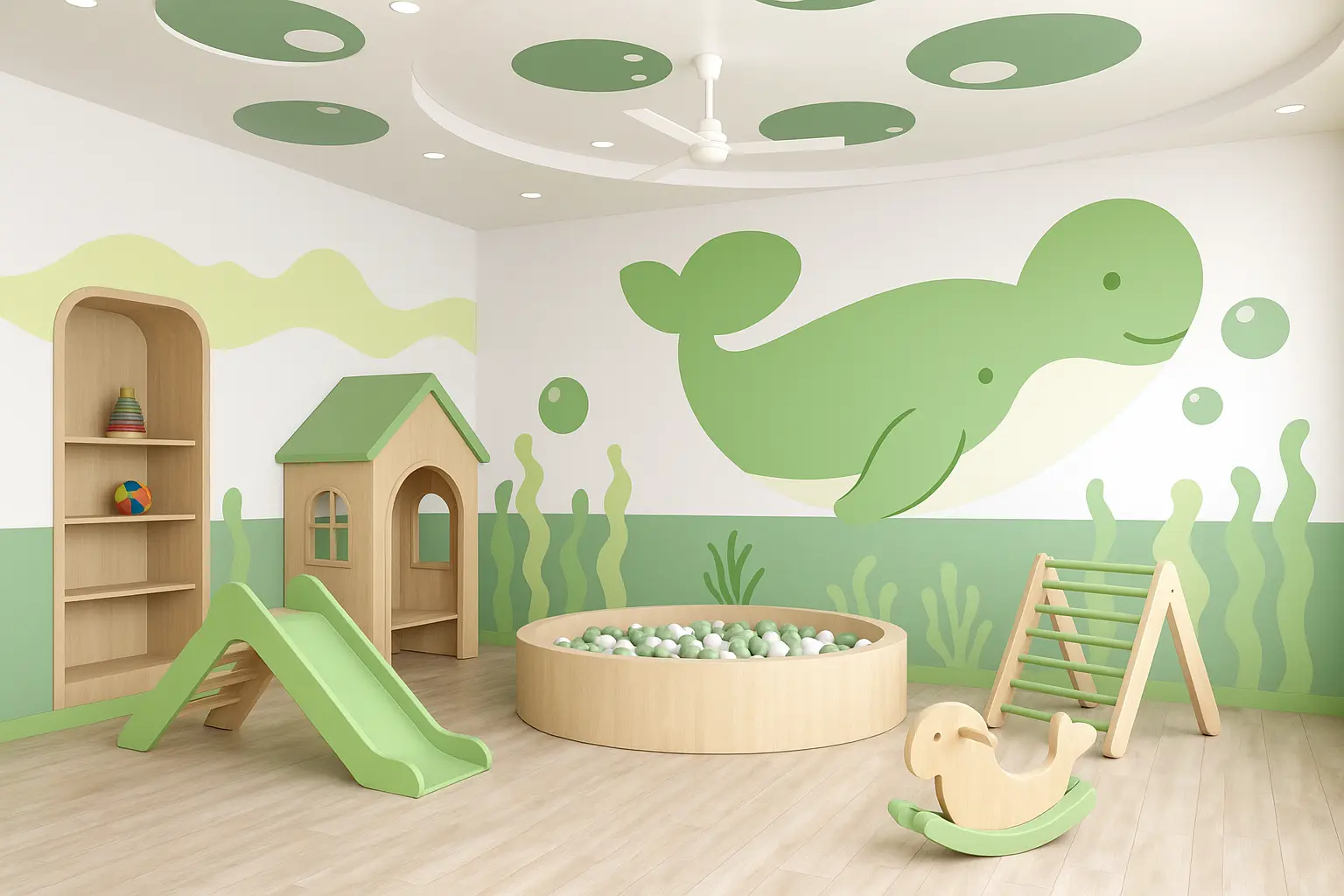 Soft playroom with slide, ball pit and climbing frames in pale green
