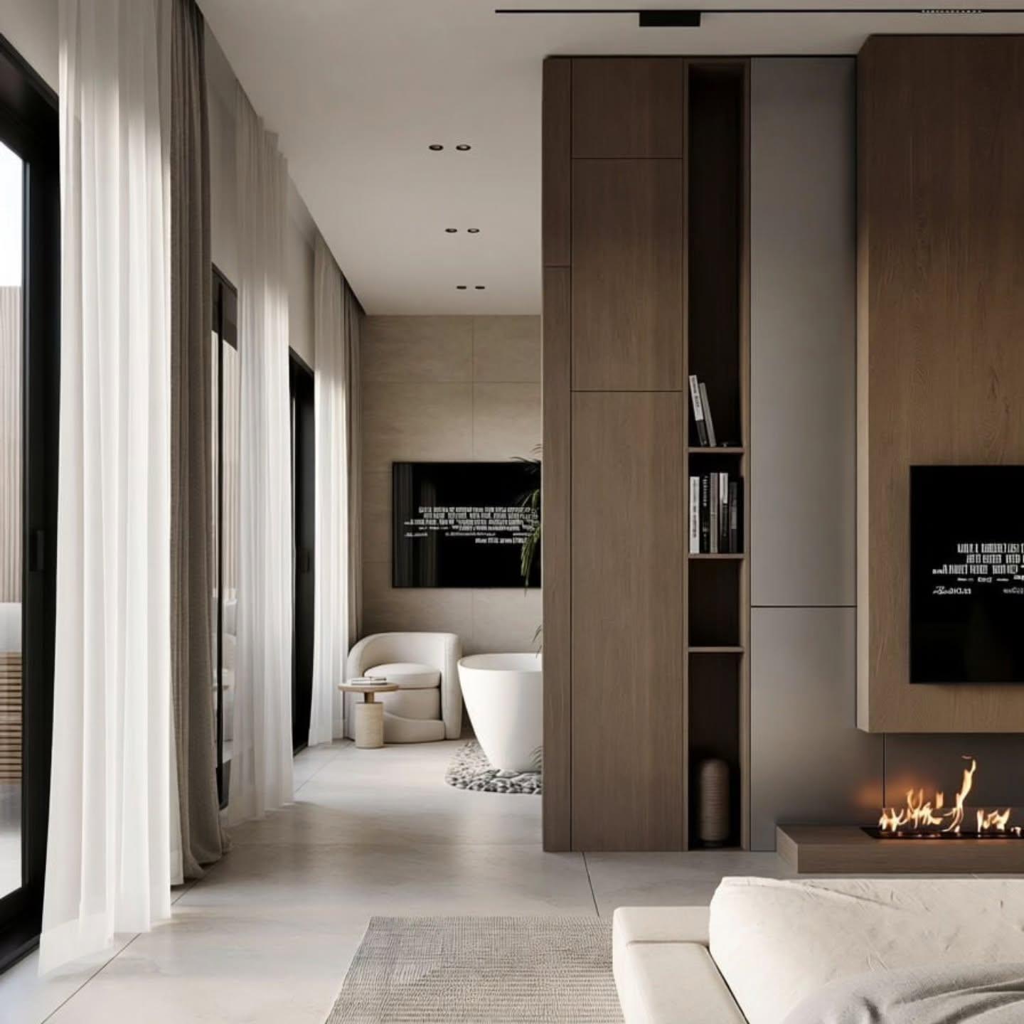 Suite corridor looking through to the freestanding tub beyond the joinery pier