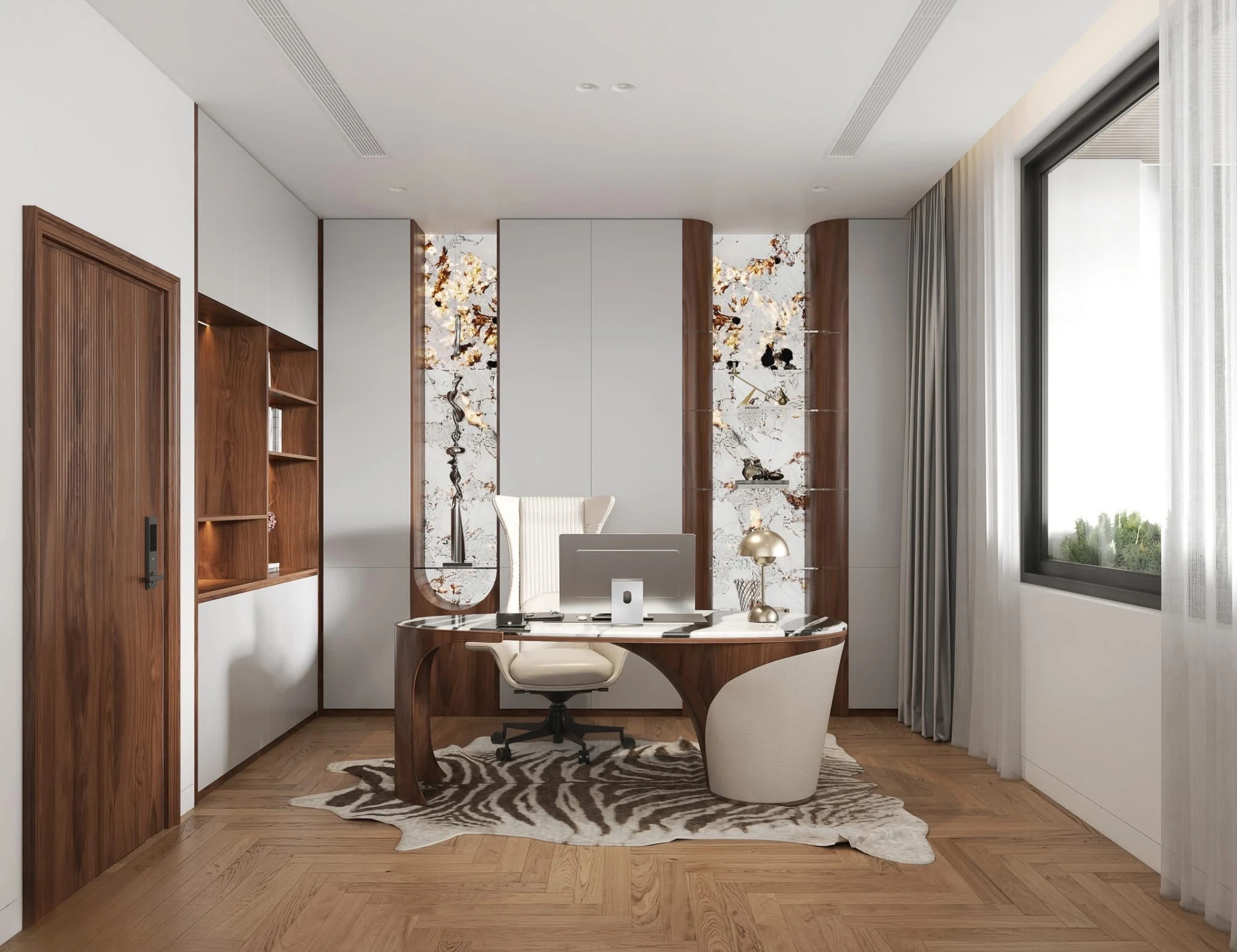 Home office desk with marble top, backlit gold-pattern wall panels and gold desk lamp