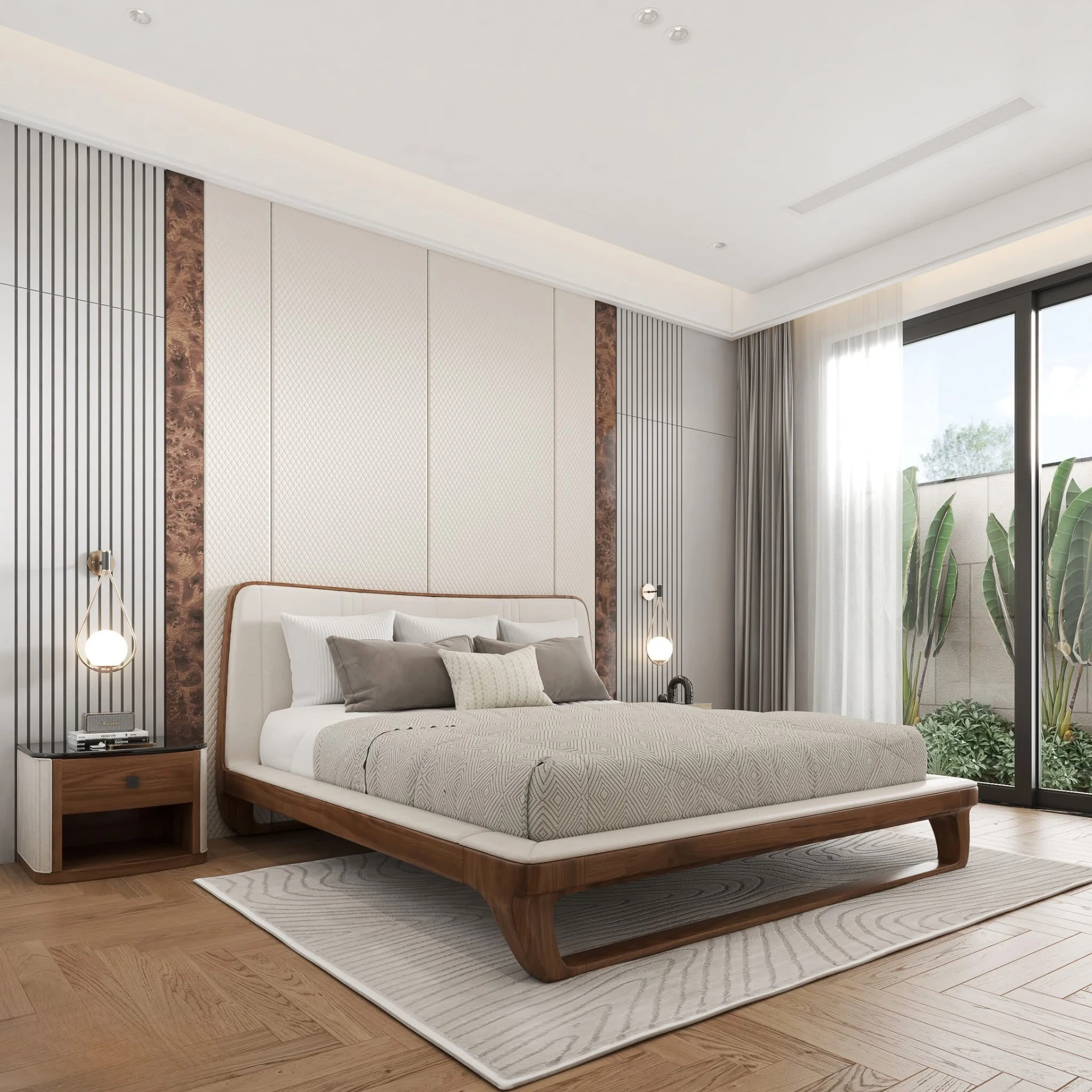 Bedroom with burl headboard panels, teardrop pendants and sliding doors to tropical planting