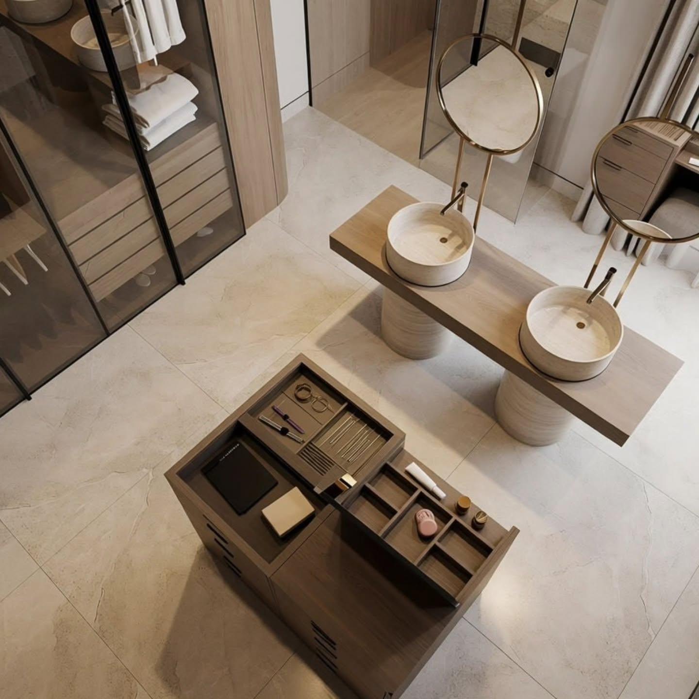 Top-down view of the dressing island with organised accessory trays