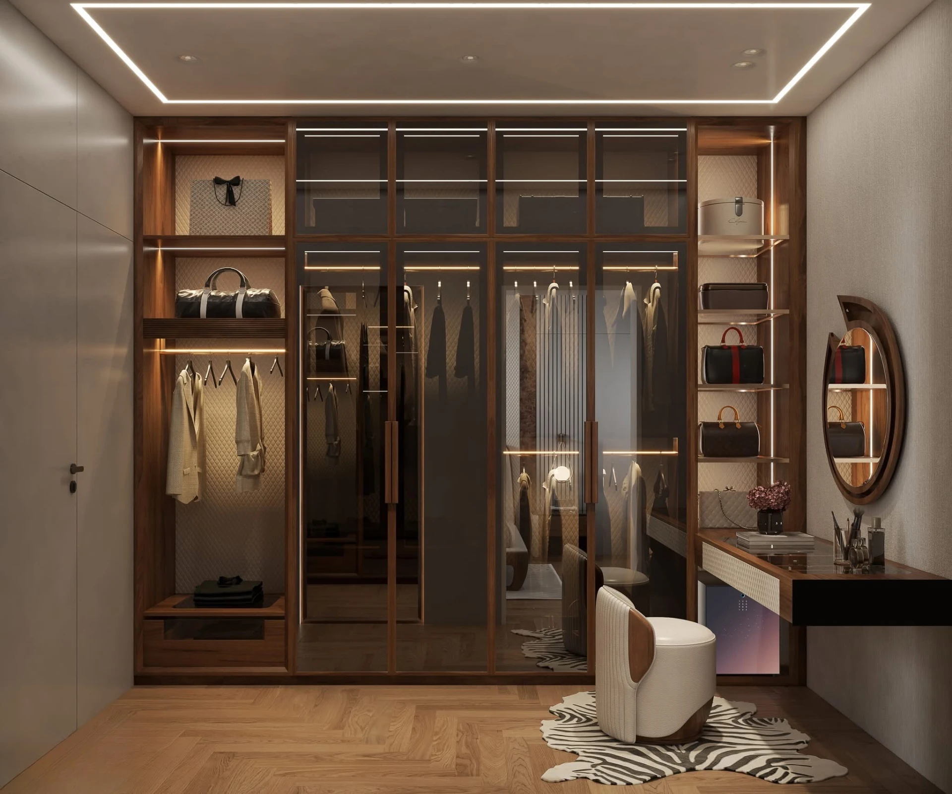 Walk-in closet with dark wood cabinetry, quilted back panel, round mirror and zebra rug