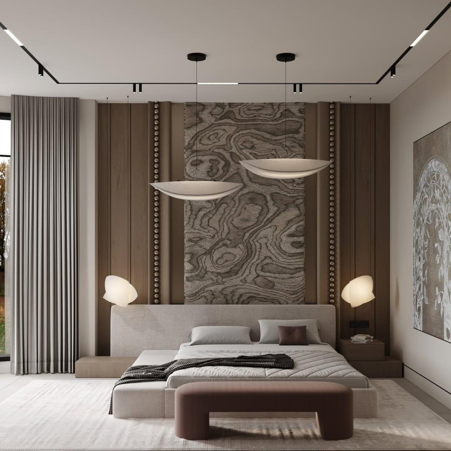 Bedroom with a patterned wood-grain headboard wall and minimalist pendants